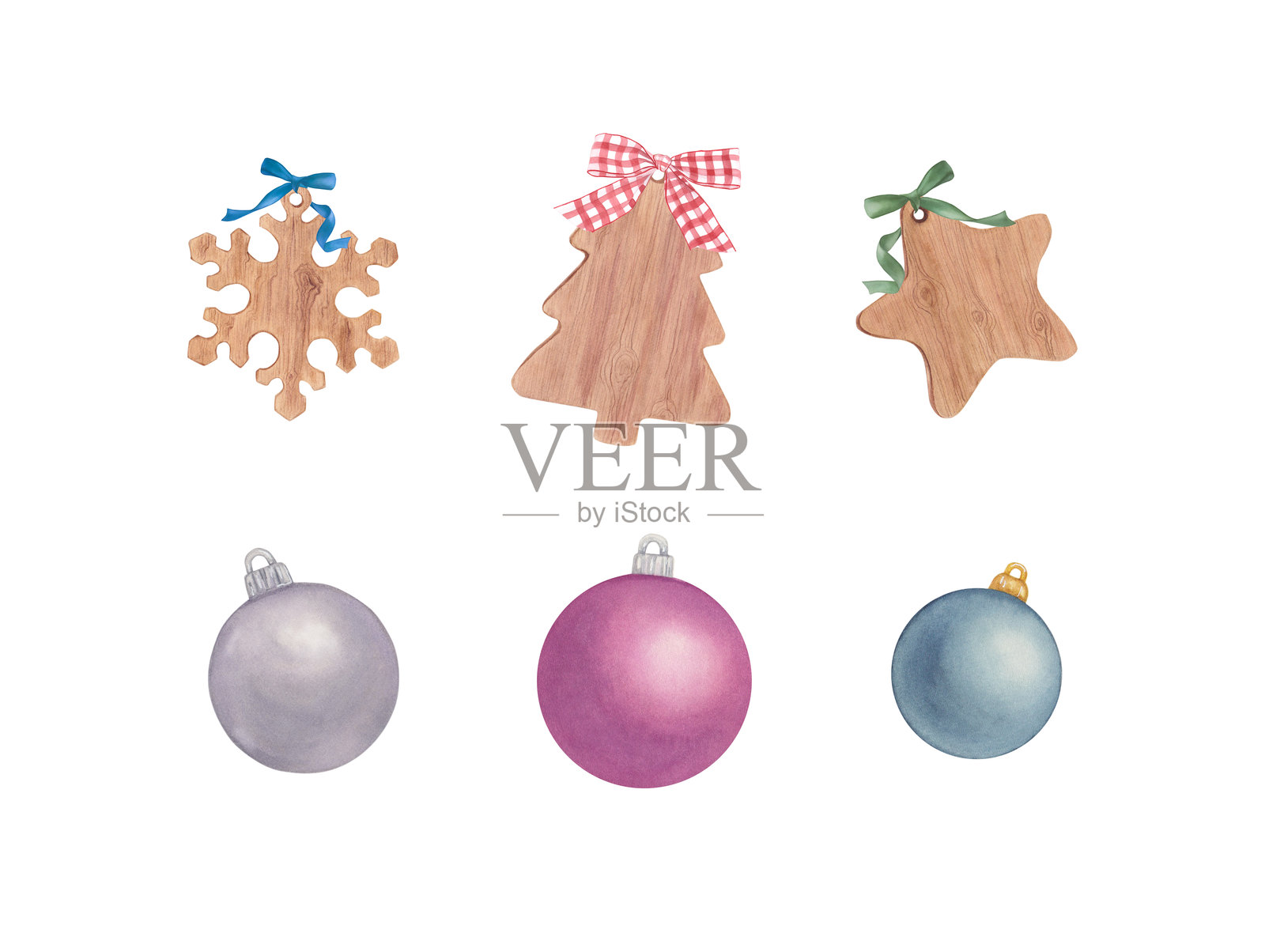 一套水彩风格的木质圣诞装饰品和圣诞球照片摄影图片