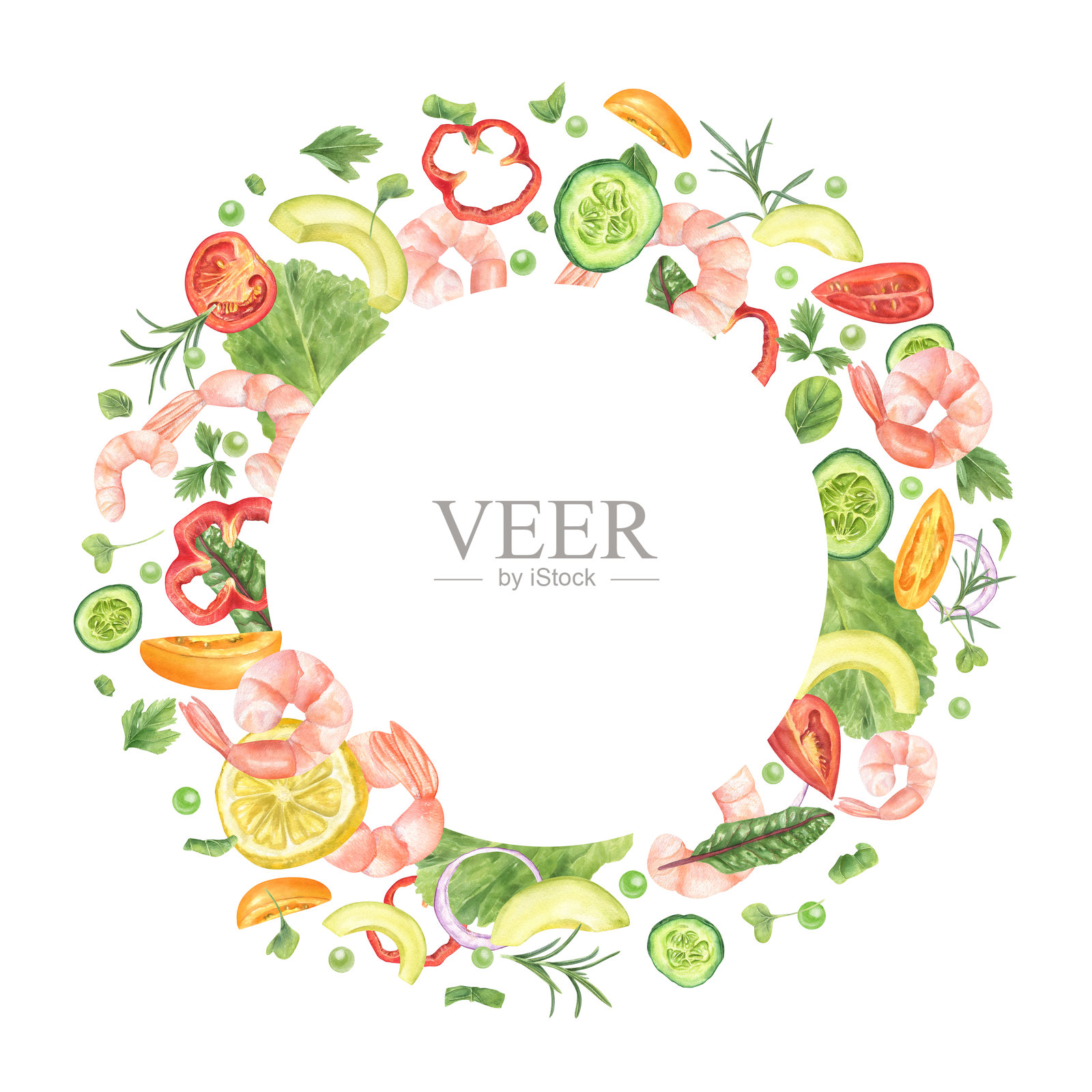 新鲜沙拉食材水彩圆形花环，背景为白色。煮虾、番茄、洋葱、黄瓜、甜椒、鳄梨、青豆围绕着留白的空白区域。照片摄影图片