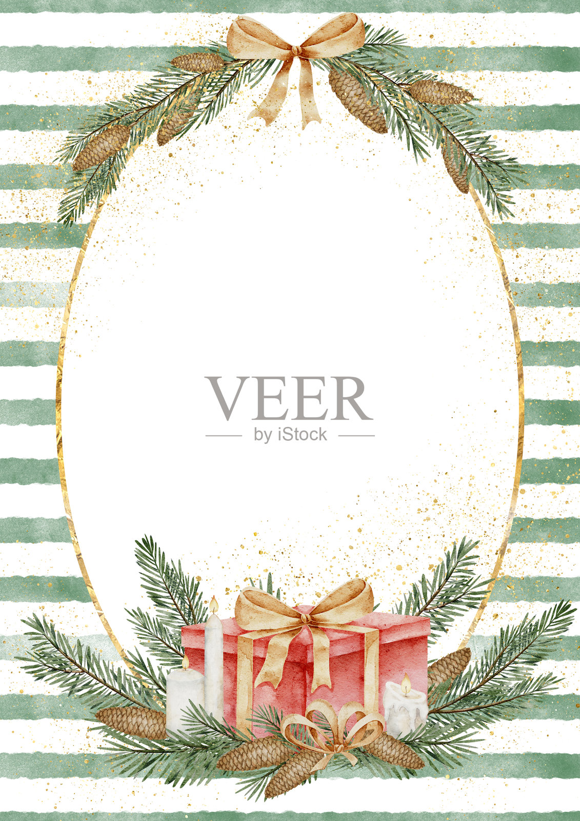 水彩模板用于圣诞贺卡或新年邀请，背景为礼物、云杉枝和松果。插图展示了一个垂直框架，内有红色礼盒和冷杉枝。照片摄影图片