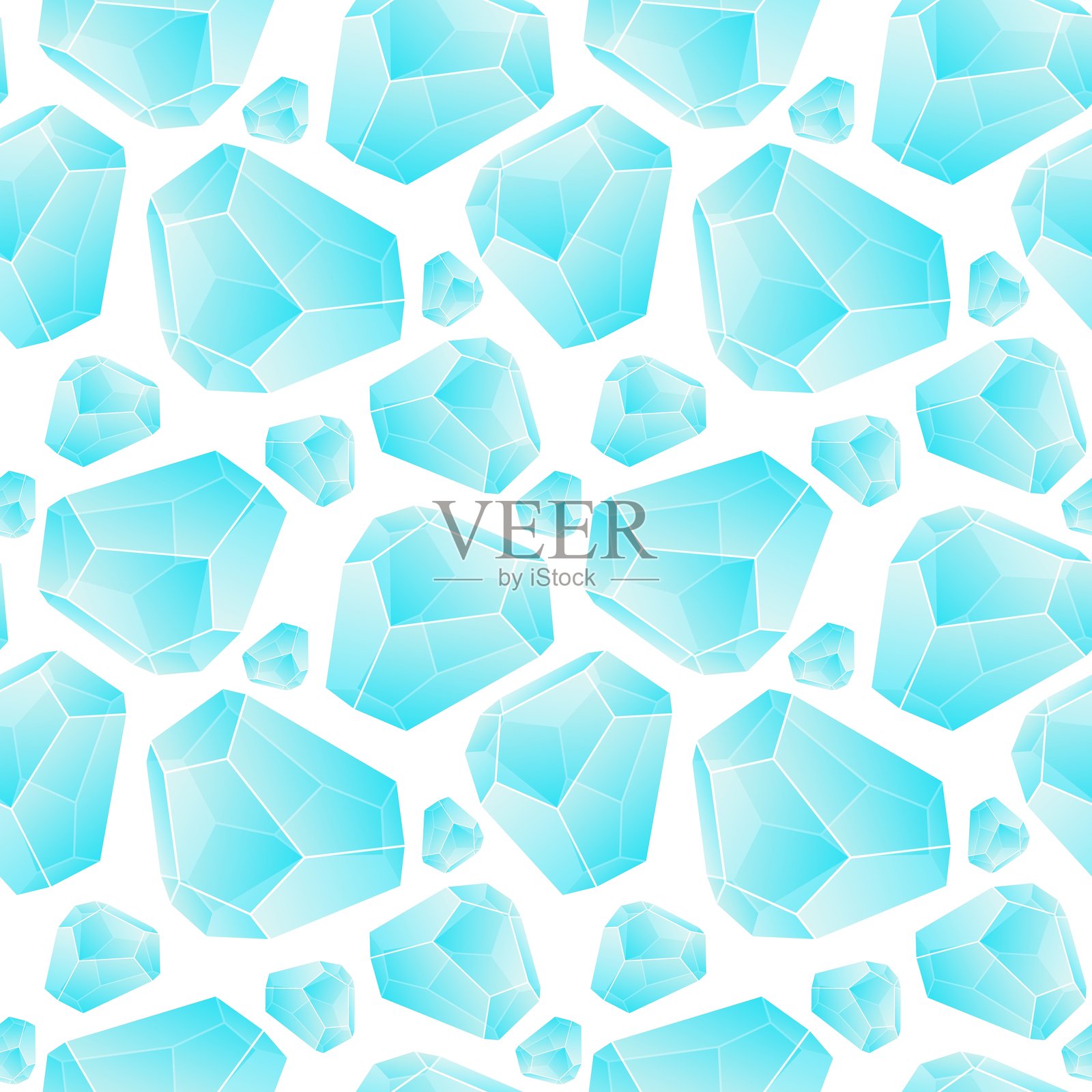 水晶无缝图案。明亮的蓝色渐变透明宝石和水晶在白色背景上。矢量插图。礼品包装。明亮的重复宝石。混乱的装饰。插画图片素材