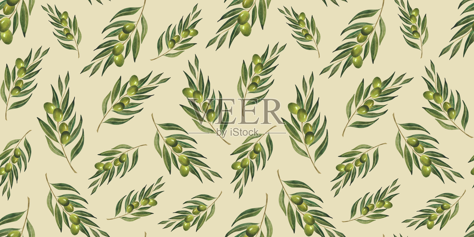 橄榄枝水彩无缝图案，适用于壁纸、橄榄油包装纸设计，花卉印花纺织品，咖啡馆装饰，米色植物背景，意大利植物，有机自然。照片摄影图片