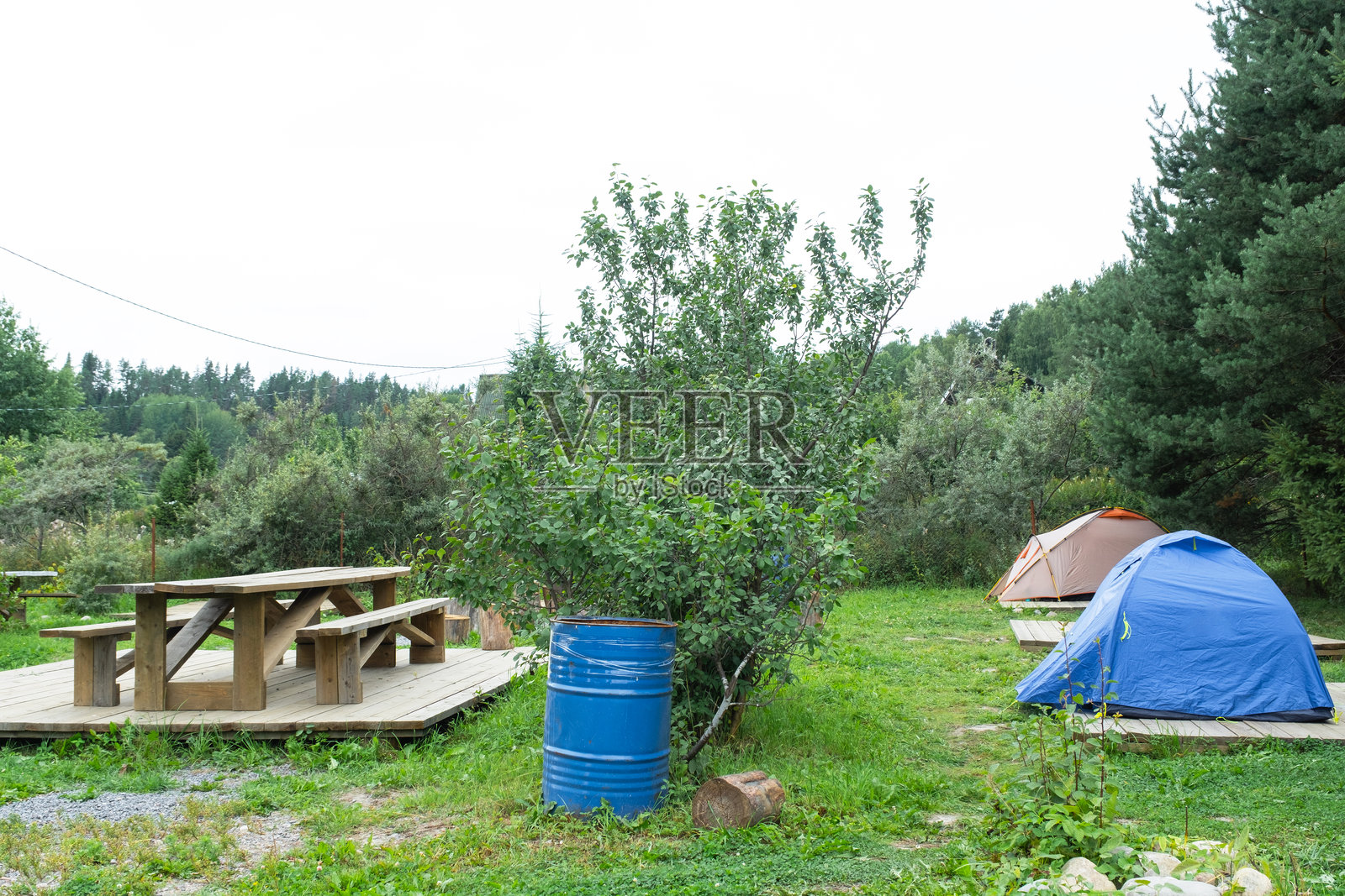在森林中的自然露营地搭建的旅游帐篷。国内旅游，积极的夏季假期，家庭冒险。生态旅游，运动，徒步旅行。留白，模板。照片摄影图片
