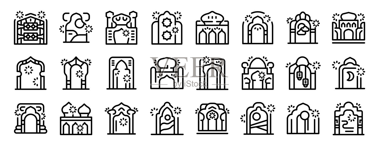 拱形窗户清真寺穆斯林建筑图标轮廓矢量图。阿拉伯形状插画图片素材