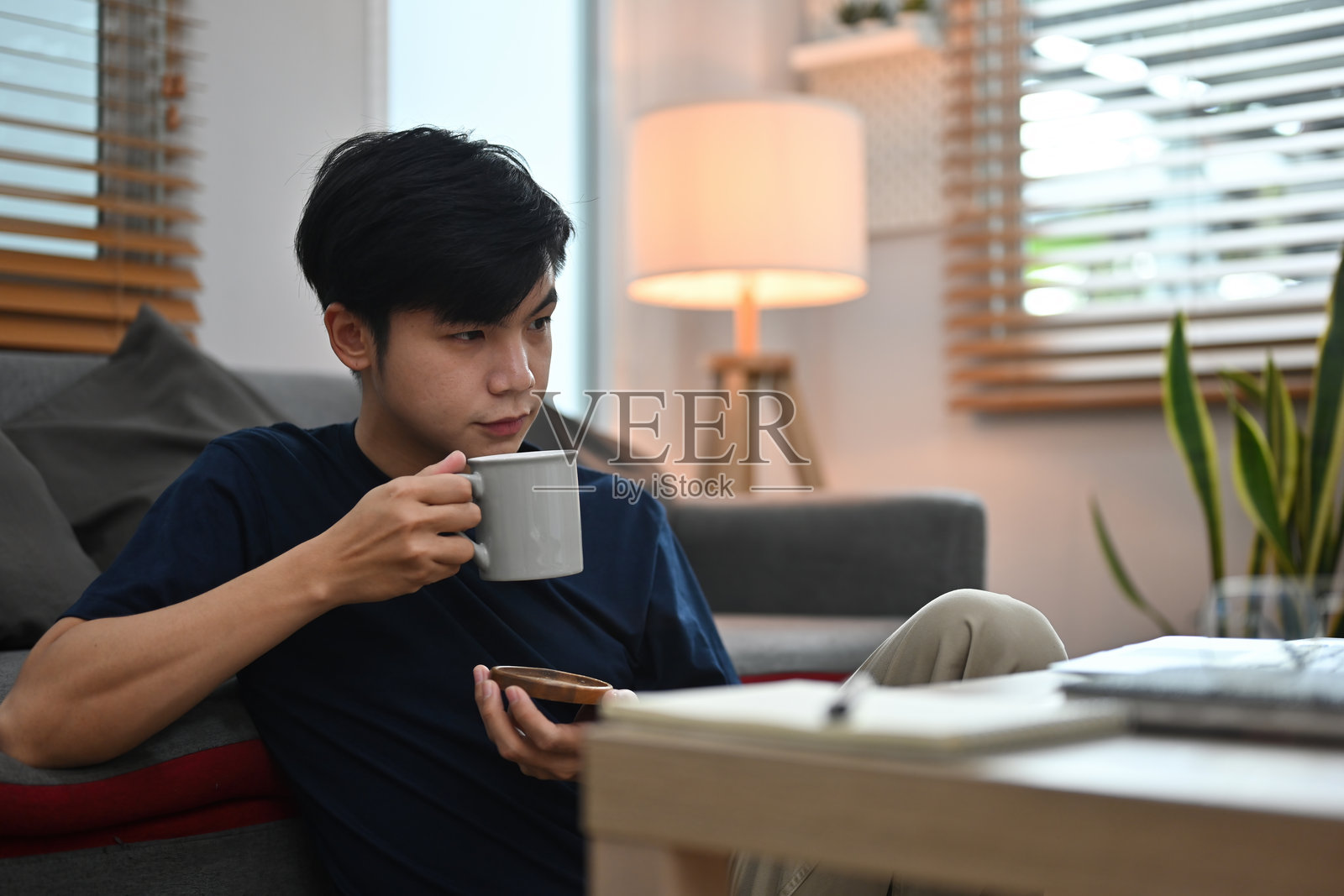 年轻的亚洲男子在家中一边喝咖啡一边看笔记本电脑的肖像。照片摄影图片