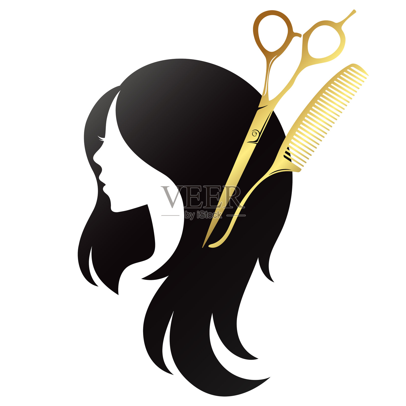 卷发女孩的剪影，剪刀和梳子插画图片素材