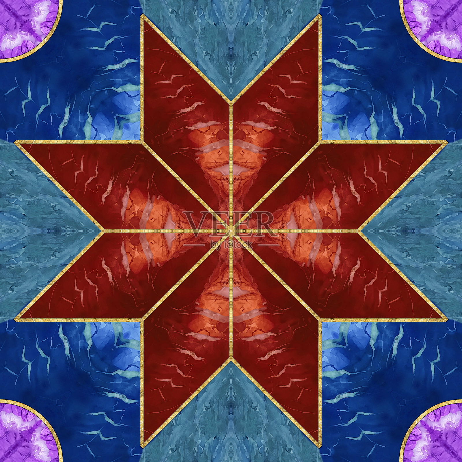 陶瓷砖图案。玉石。装饰。几何无缝图案。彩色玻璃风格插图。几何镂空。艺术装饰风格。适用于壁纸、T恤、床上用品或包装的印刷图案。照片摄影图片