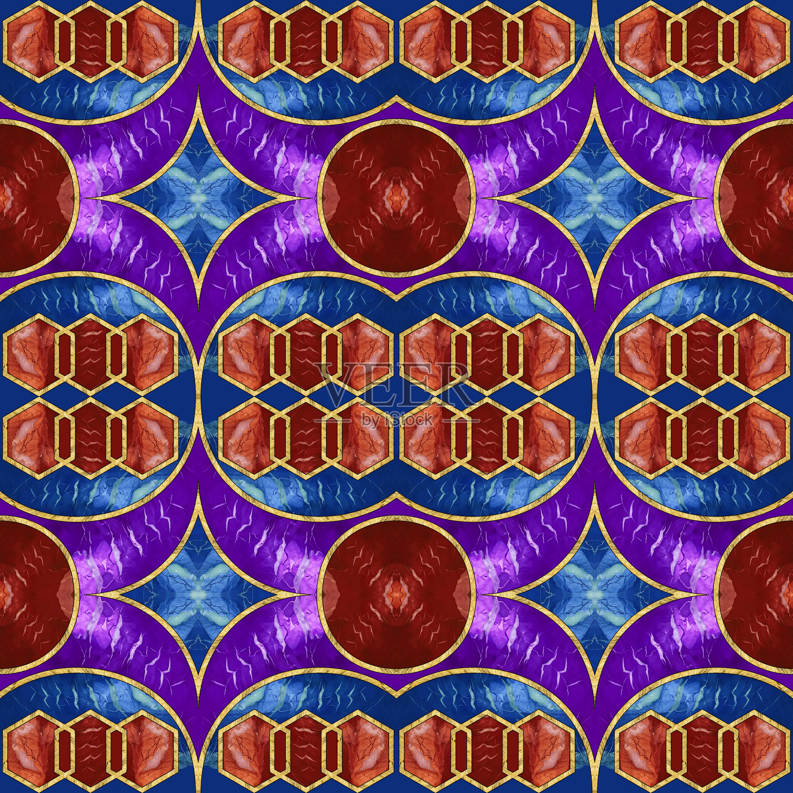 陶瓷砖图案。玉石。装饰。几何无缝图案。彩色玻璃风格插图。几何镂空。艺术装饰风格。适用于壁纸、T恤、床上用品或包装的印刷图案。照片摄影图片