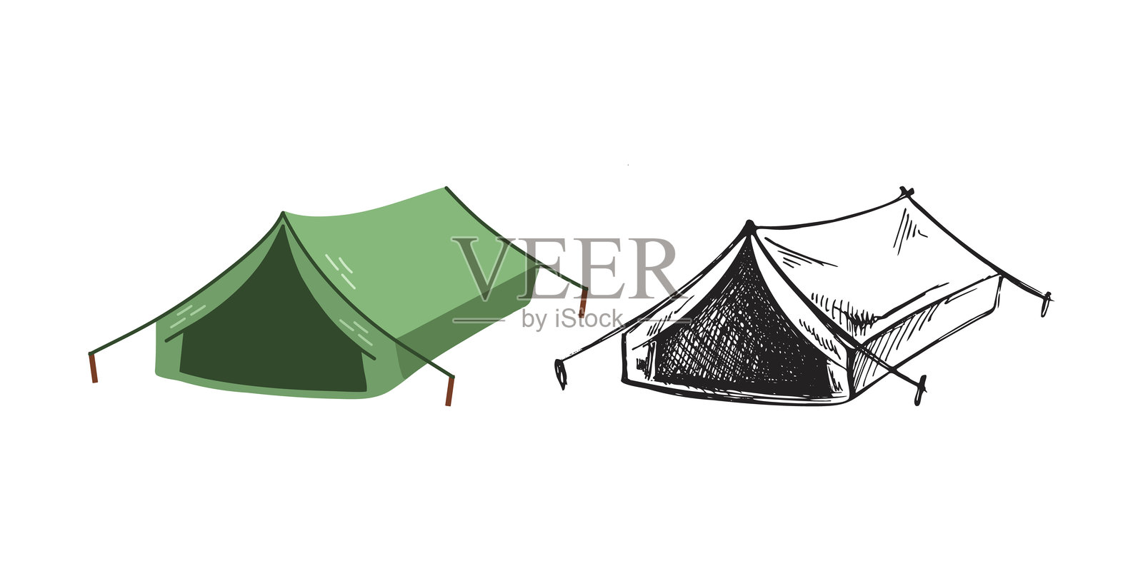可爱的手绘游客帐篷。平面和轮廓黑色矢量插图隔离在白色背景。涂鸦画。插画图片素材