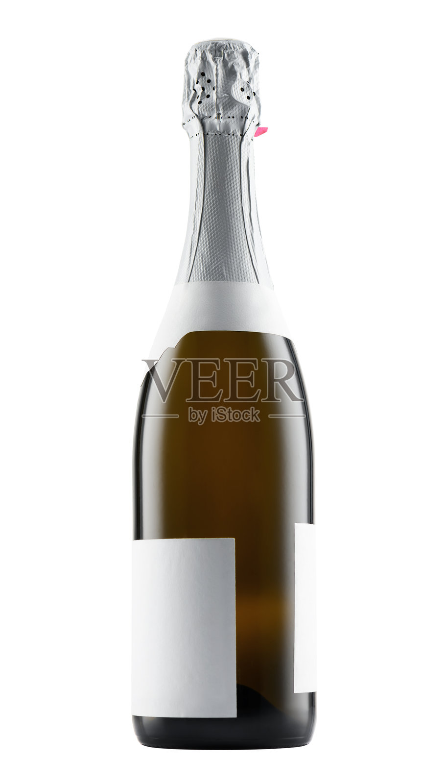 香槟酒瓶，崭新带瓶盖，带有空白白色标签作为模板，孤立在白色背景上，物体的特写视图照片摄影图片