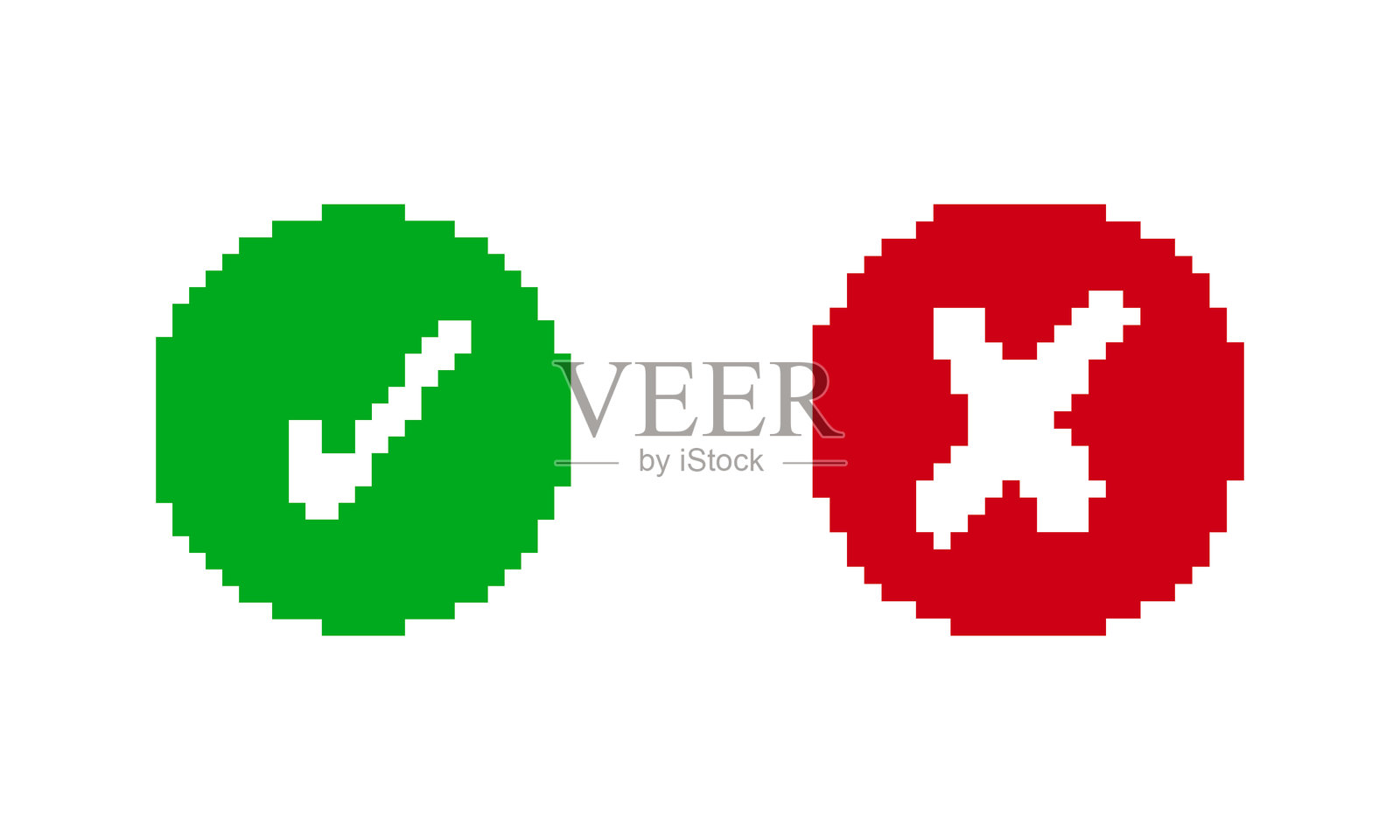 像素艺术风格的绿色勾选和红色叉号图标圆形按钮。勾选图标。带有对勾和叉号圆形按钮的复选框图标。孤立的矢量插图。插画图片素材