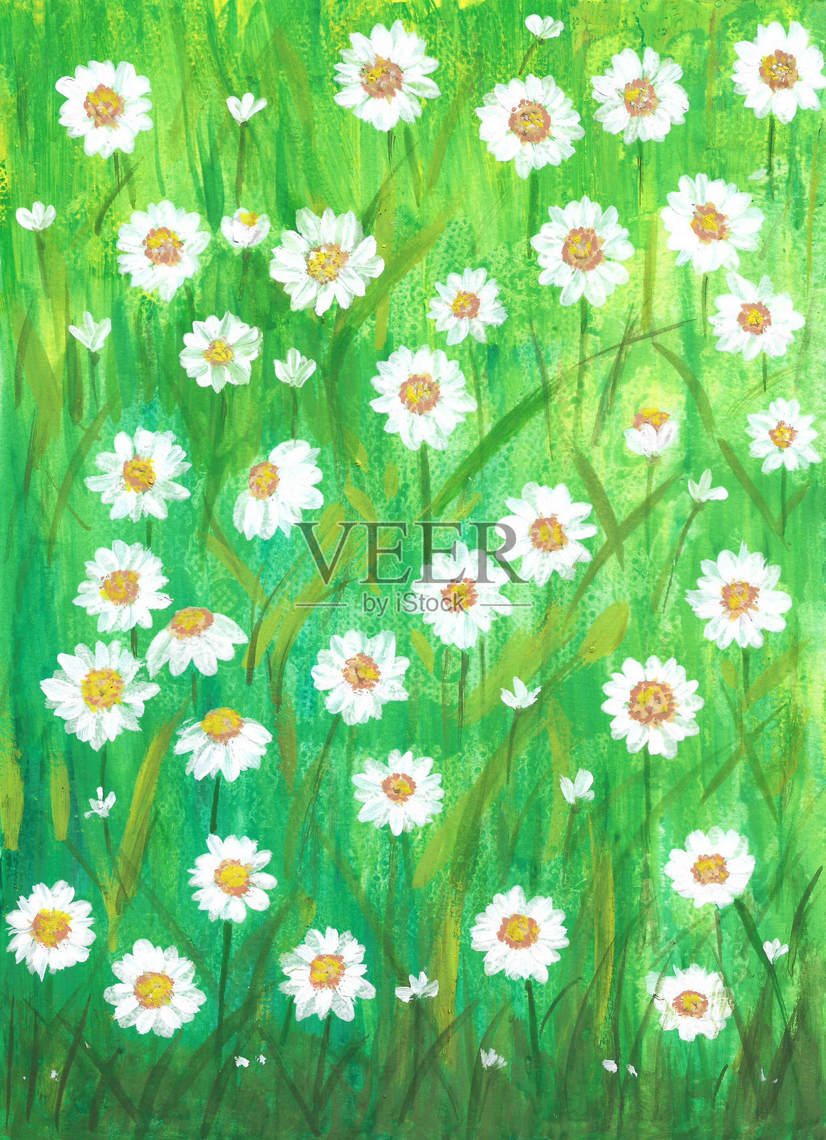 纸上描绘的丙烯画自然背景，展示了花田、白色雏菊和绿色草地。适合用于环境或春季主题的插图。照片摄影图片
