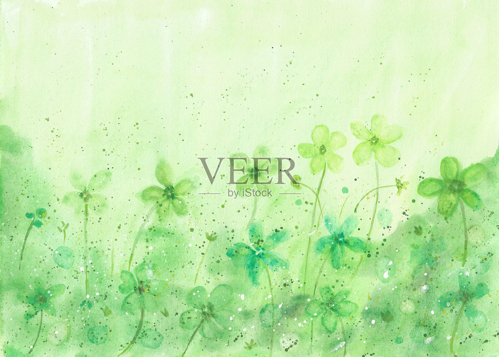 水彩画的自然背景，描绘绿色花田和天空，适用于环境、春季或夏季的插图。照片摄影图片