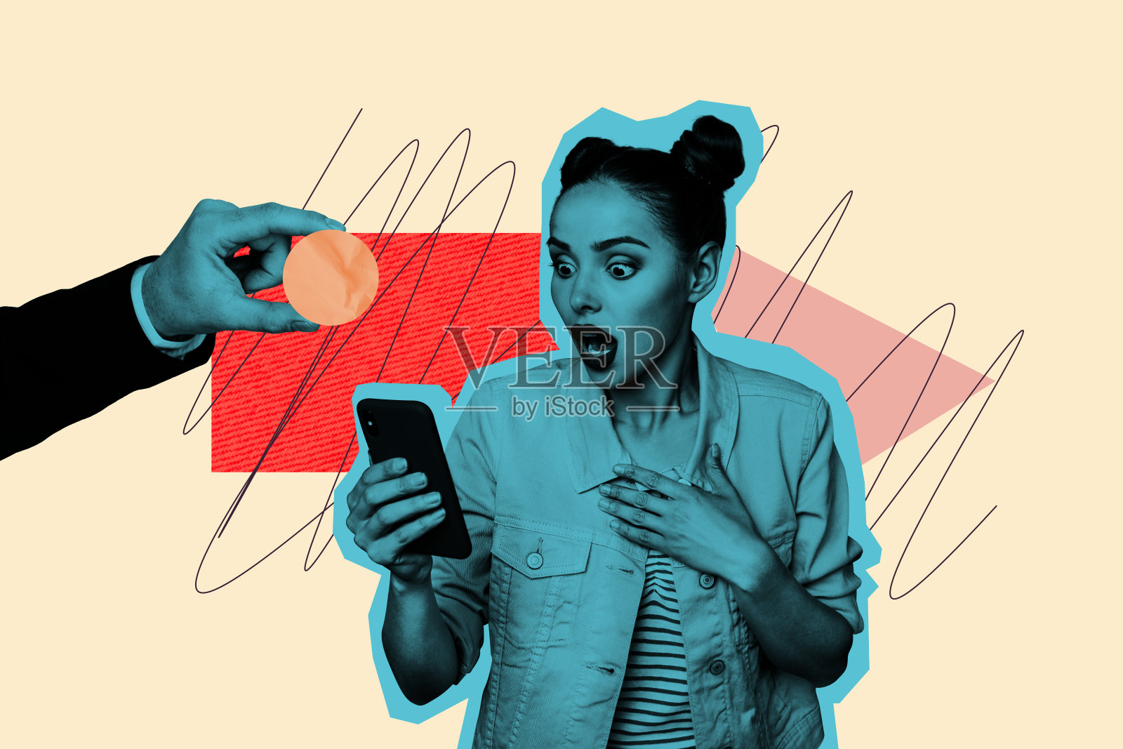 年轻女性惊讶地盯着笔记本电脑新闻，手中握着硬币的剪影几何图形拼贴艺术作品，留白空间。照片摄影图片