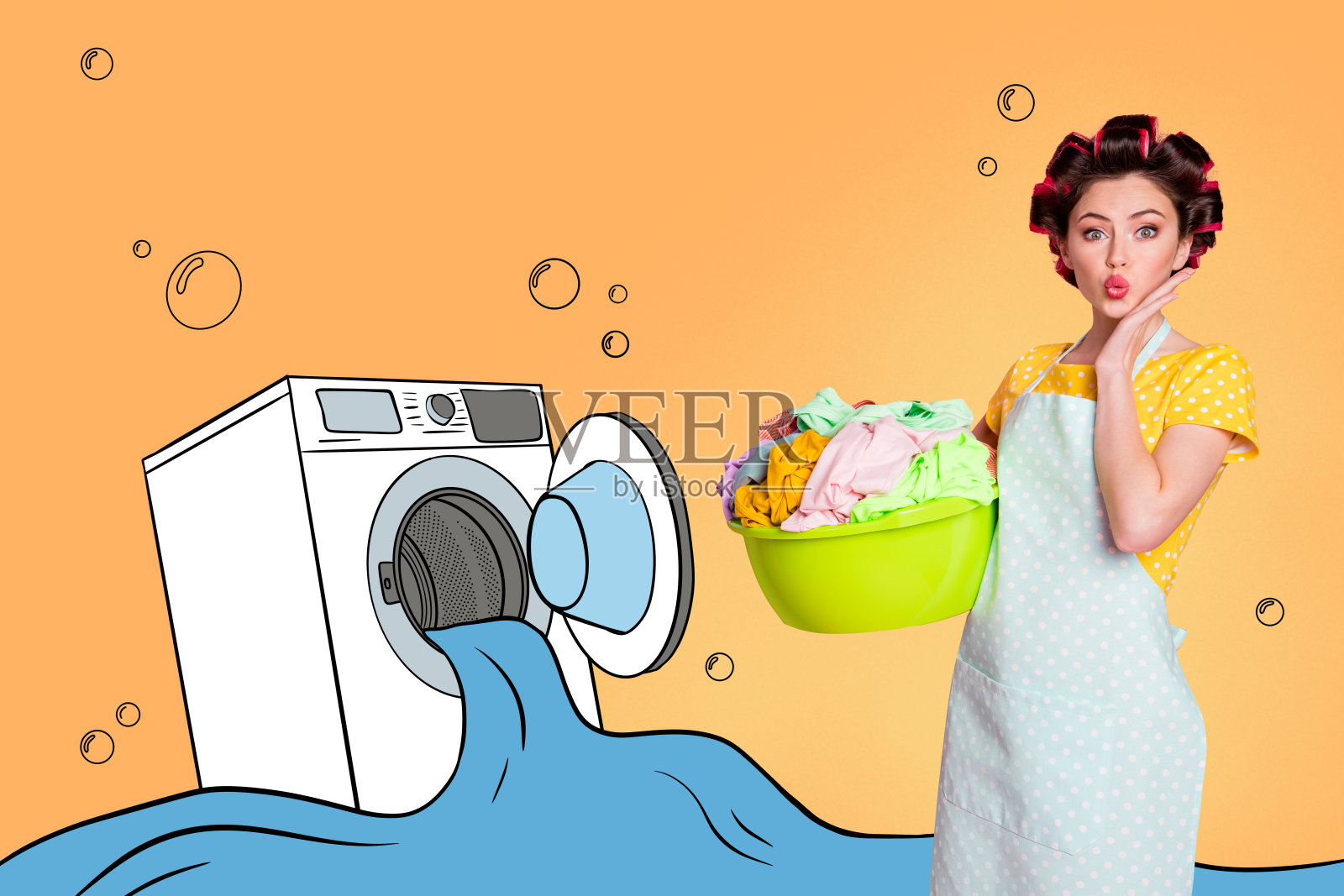 快乐嘟嘴女孩家庭主妇手提洗衣盆在洗衣机旁洗衣日彩绘背景合成照片照片摄影图片