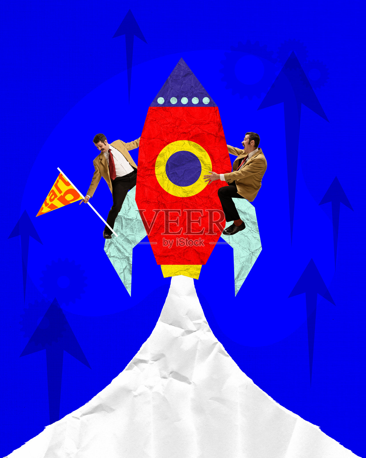 当代艺术拼贴。两位商人骑着色彩斑斓的火箭，象征着初创企业的活力与快速增长，穿越机遇的天空。照片摄影图片