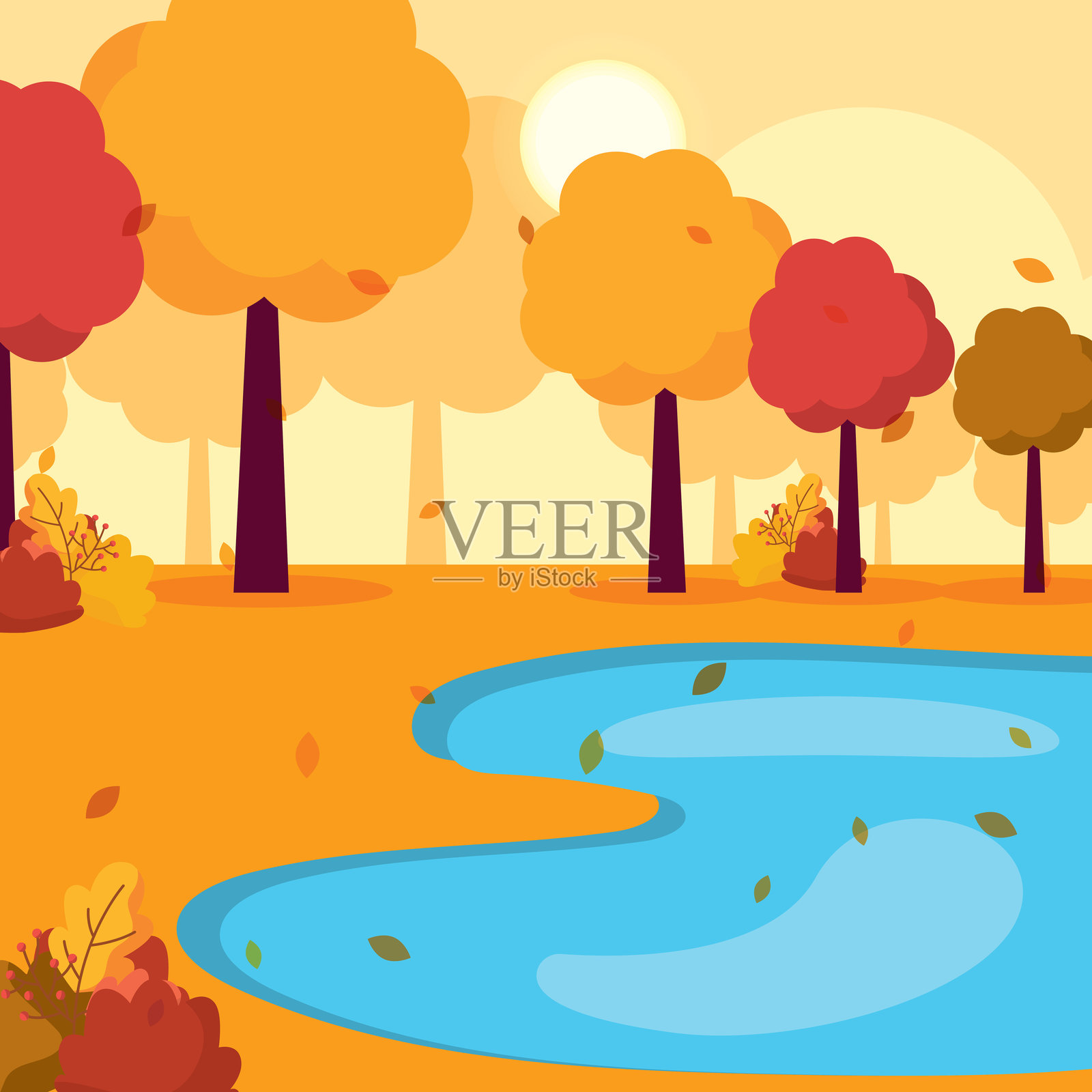 秋天的公园，树木和蓝色的池塘，矢量图插画图片素材