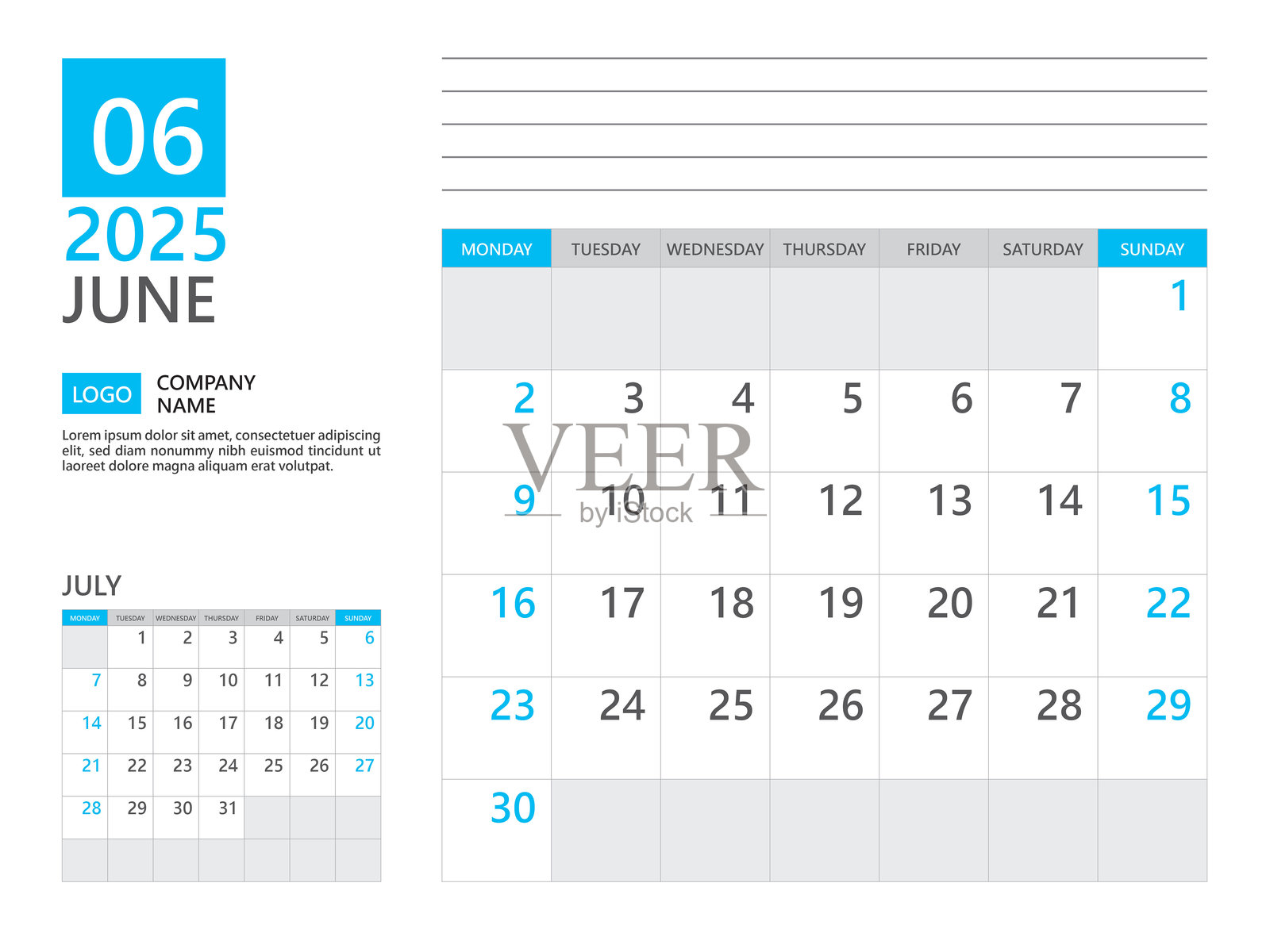 2025年6月模板，2025年日历计划，周一开始的周，2025年桌面日历，简约规划和清晰设计，墙面日历设计，企业规划模板，商业模板插画图片素材