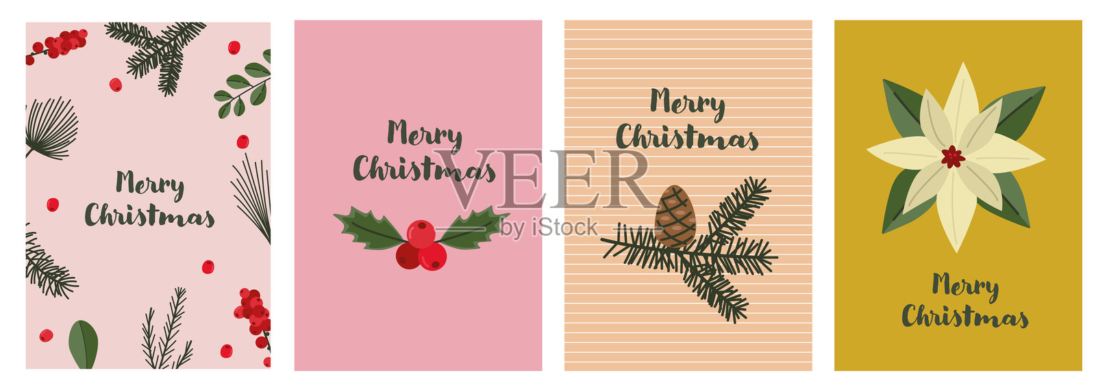 圣诞快乐明信片。节日快乐贺卡套装。冬季植物插图。照片摄影图片