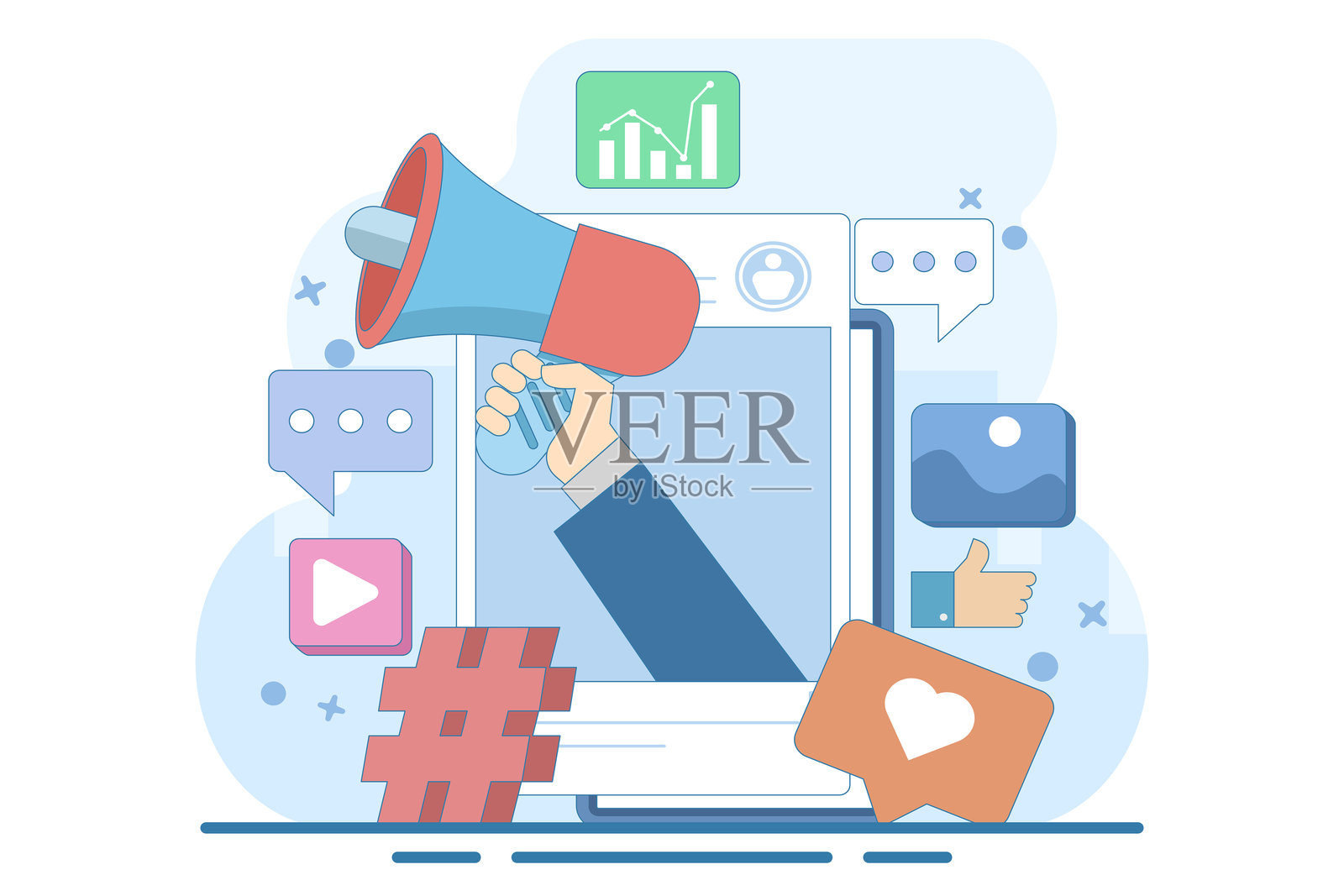 社交媒体营销概念，带有扩音器的社交媒体动态，扁平插图数字营销，电子商务，社交媒体活动，搜索引擎优化，内容营销。扁平矢量插图。插画图片素材