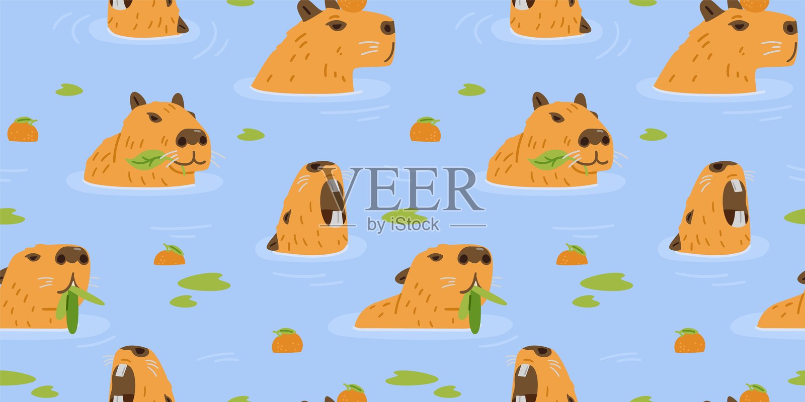 Swimming funny capybaras vector seamless pattern. Capybaras heads in water among tangerines.插画图片素材