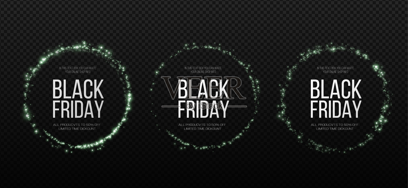 黑色星期五超级特卖。逼真的霓虹发光圆框。节日折扣横幅。霓虹线的光尘效果。发光圆圈。绿色、粉色、蓝色、金色、白色。插画图片素材