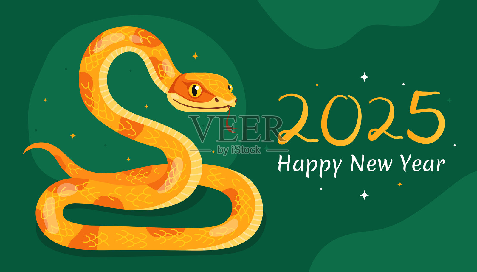 2025年快乐，蛇年春节。贺卡上有黄色蛇，深绿色背景。插画图片素材