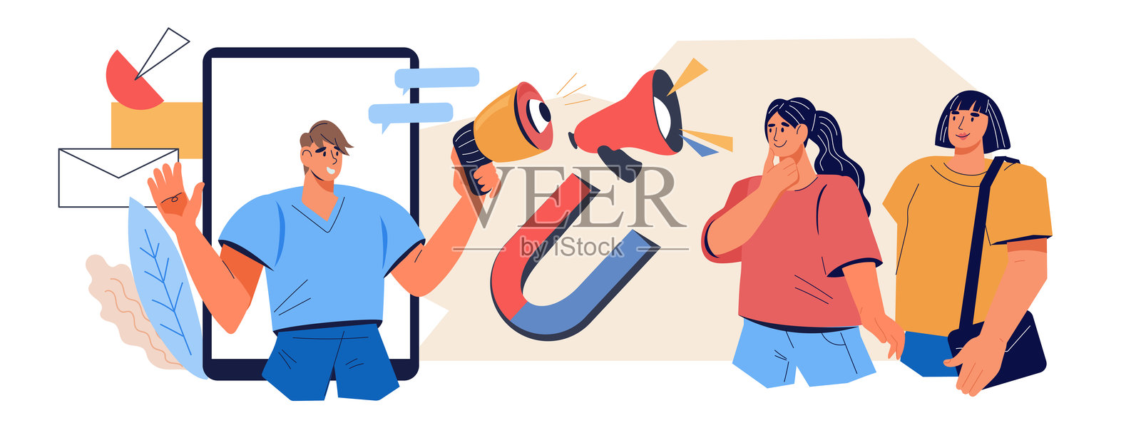 市场营销人员研究客户和客户的焦点小组。社交媒体和社交媒体营销。插画图片素材