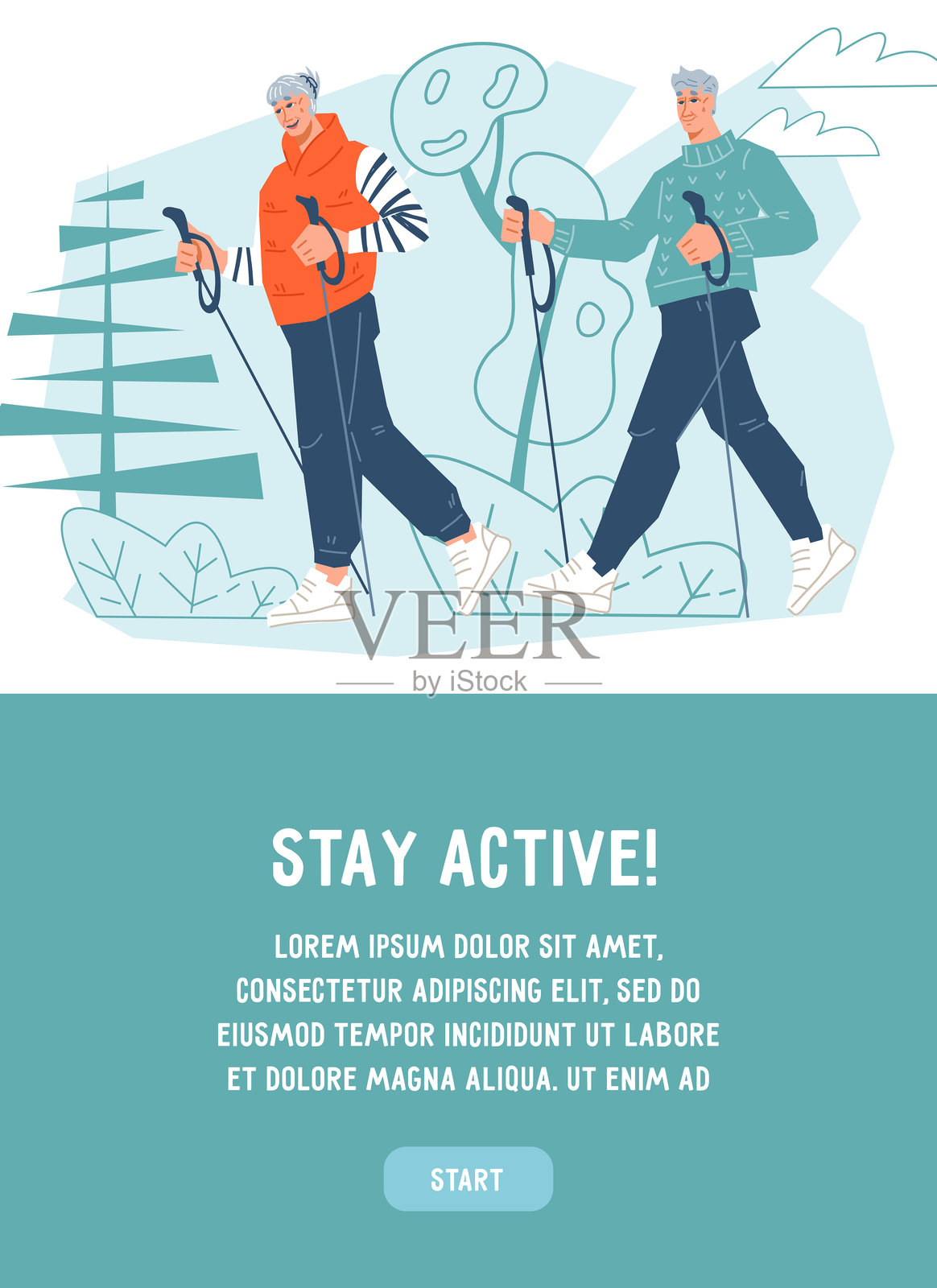 呼吁积极长寿和运动的横幅背景，扁平矢量插图。插画图片素材