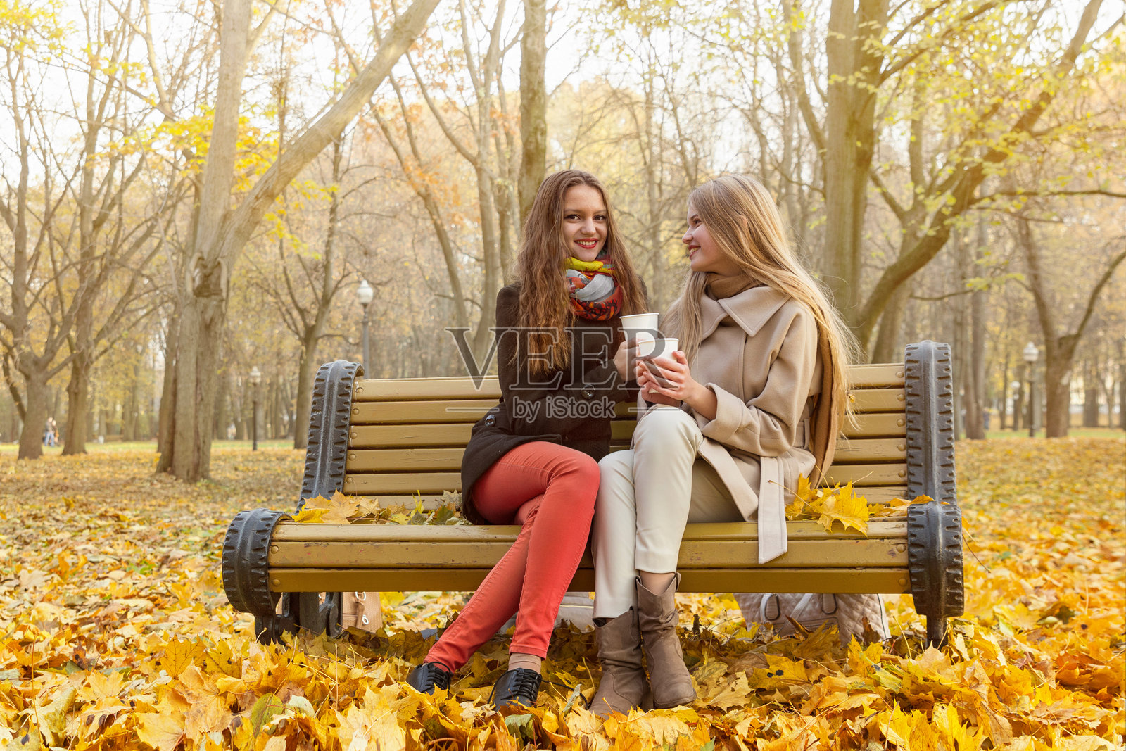 两个女孩在秋天的公园长椅上愉快地喝咖啡聊天。照片摄影图片
