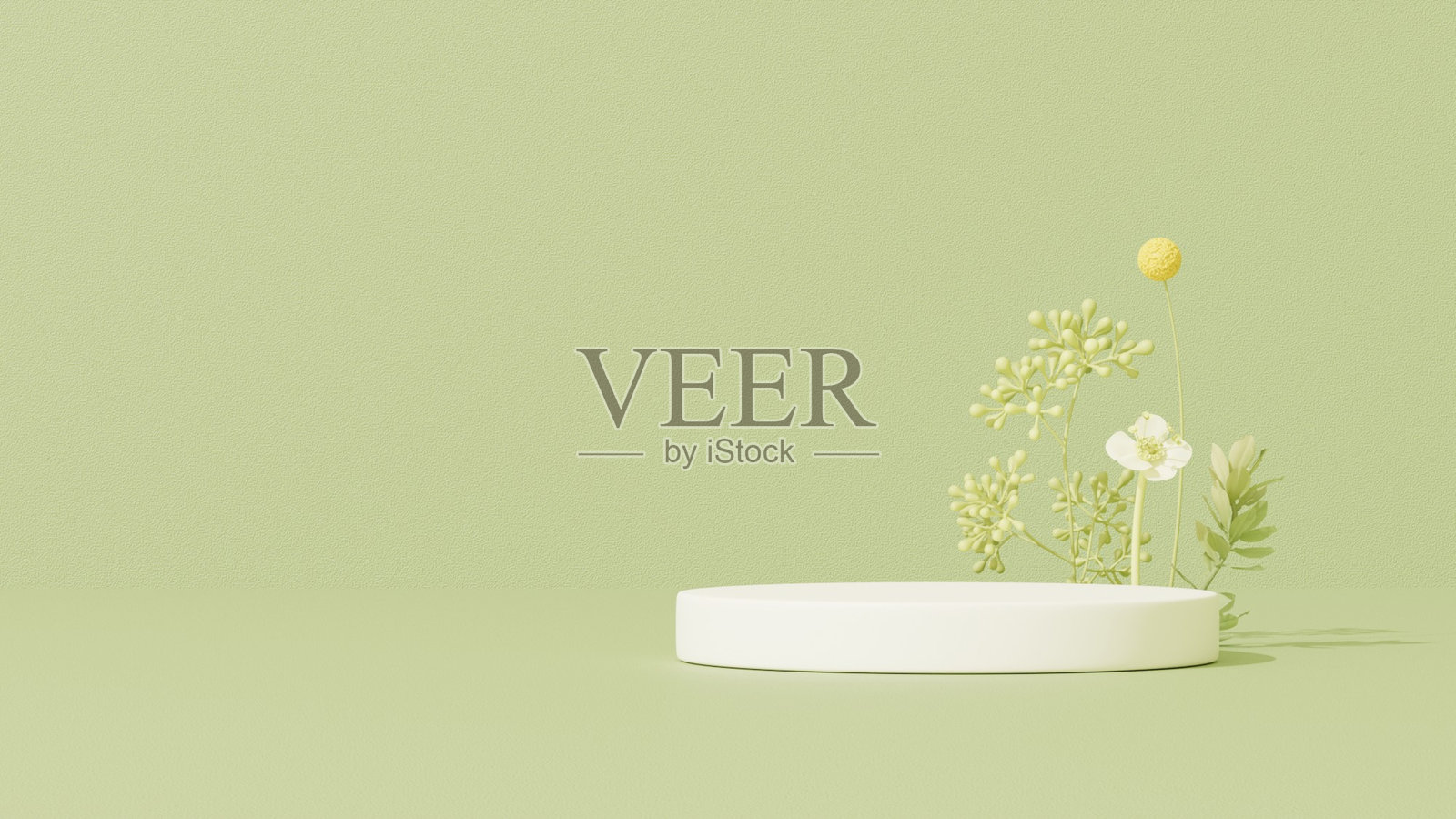 背景展示一个空的产品展示模型，配有绿色背景和抽象几何平台，旨在以横向布局展示商品。照片摄影图片