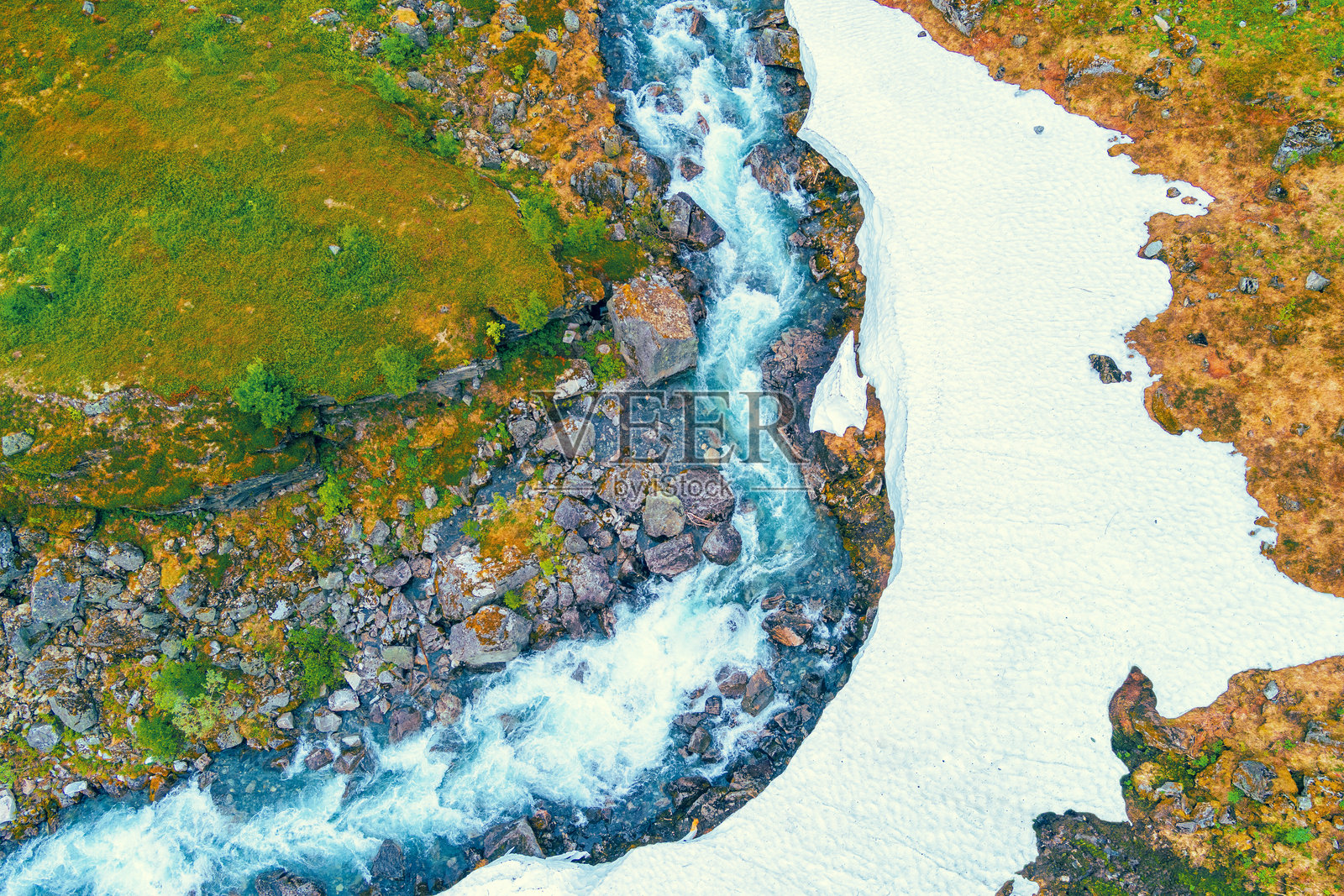 春天狭窄蜿蜒的山间河流俯瞰图照片摄影图片
