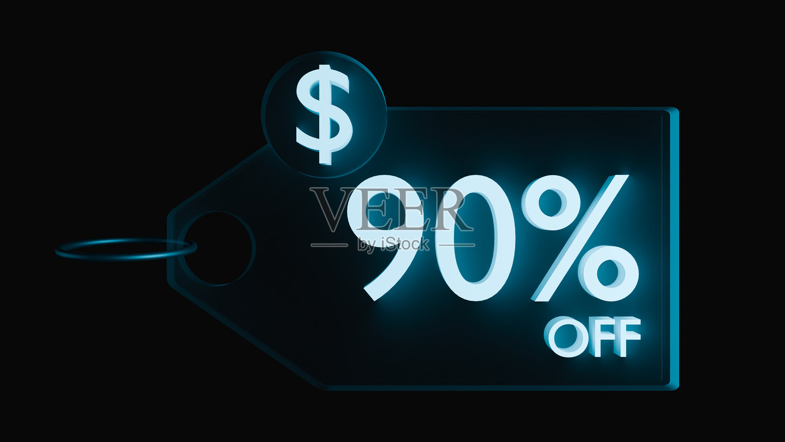 透明标签上用蓝色霓虹灯照亮的“九折优惠”照片摄影图片