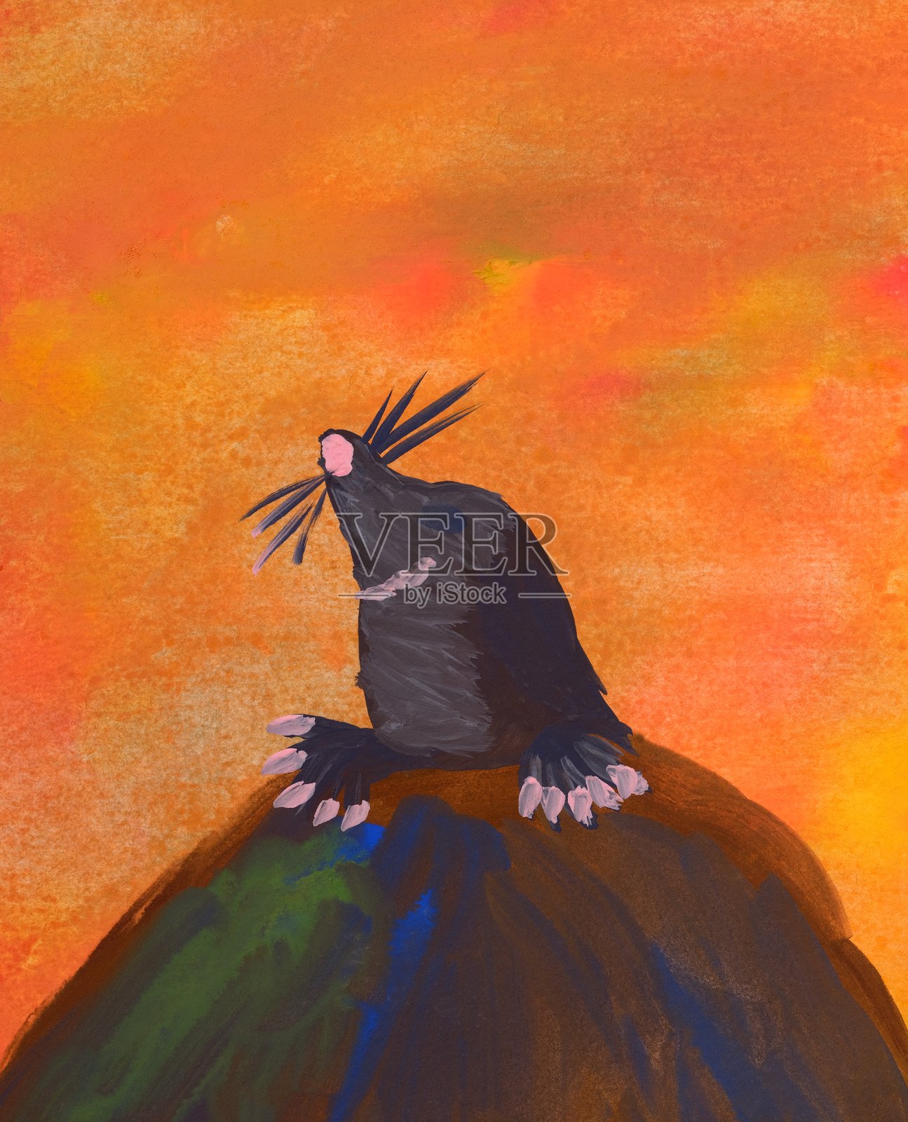 在橙色背景下，鼹鼠从洞穴中探出头来。照片摄影图片