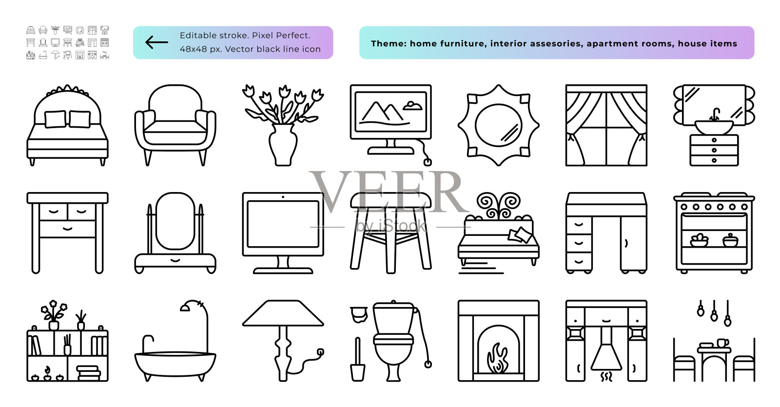 家居家具和室内物品图标集插画图片素材