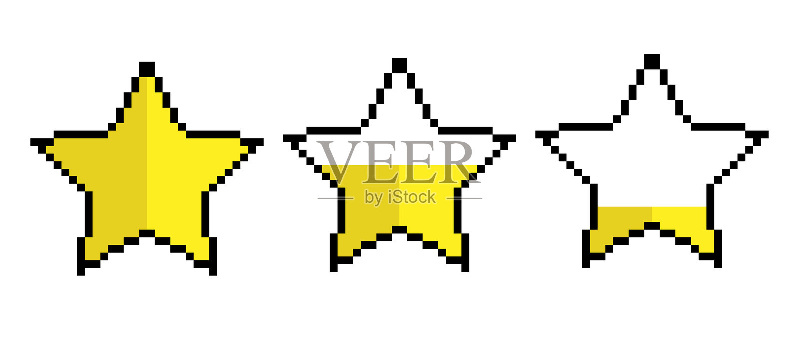 黄色星星像素图标。星形8位像素风格标志。评分和评论，透明背景上独立显示。插画图片素材