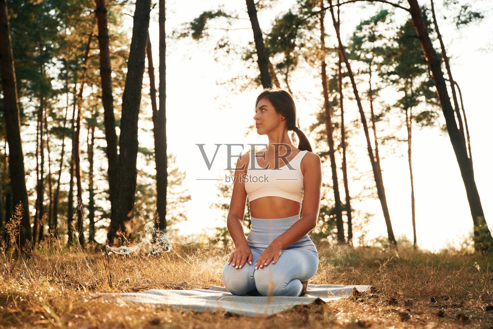 休息时间，坐着。女人在森林中做瑜伽健身练习。照片摄影图片