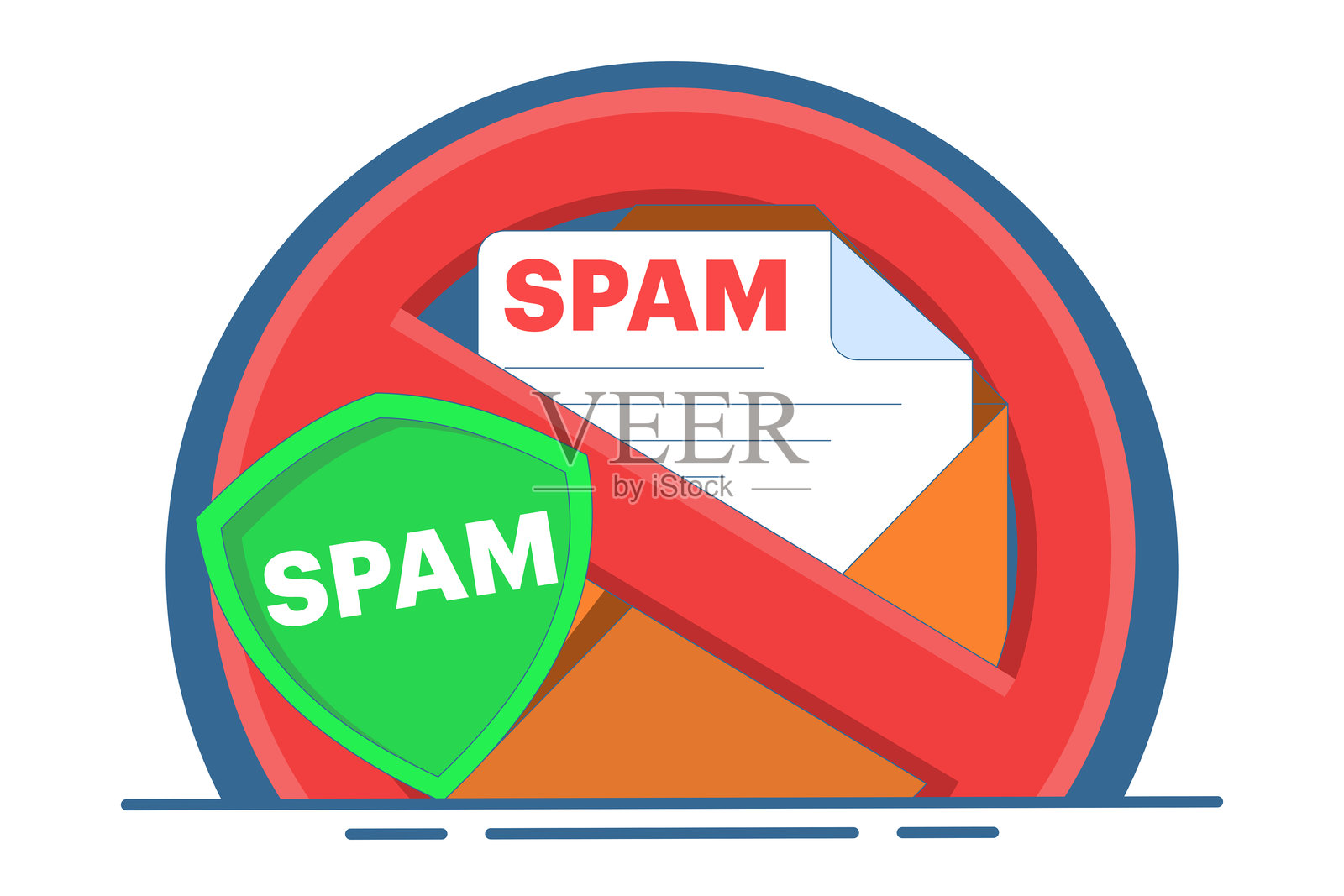 垃圾邮件邮箱概念，垃圾邮件警告，带有信封和文件的笔记本电脑，警告，安全。在线发送垃圾邮件和文件，警告信息，扁平矢量插图模板。插画图片素材