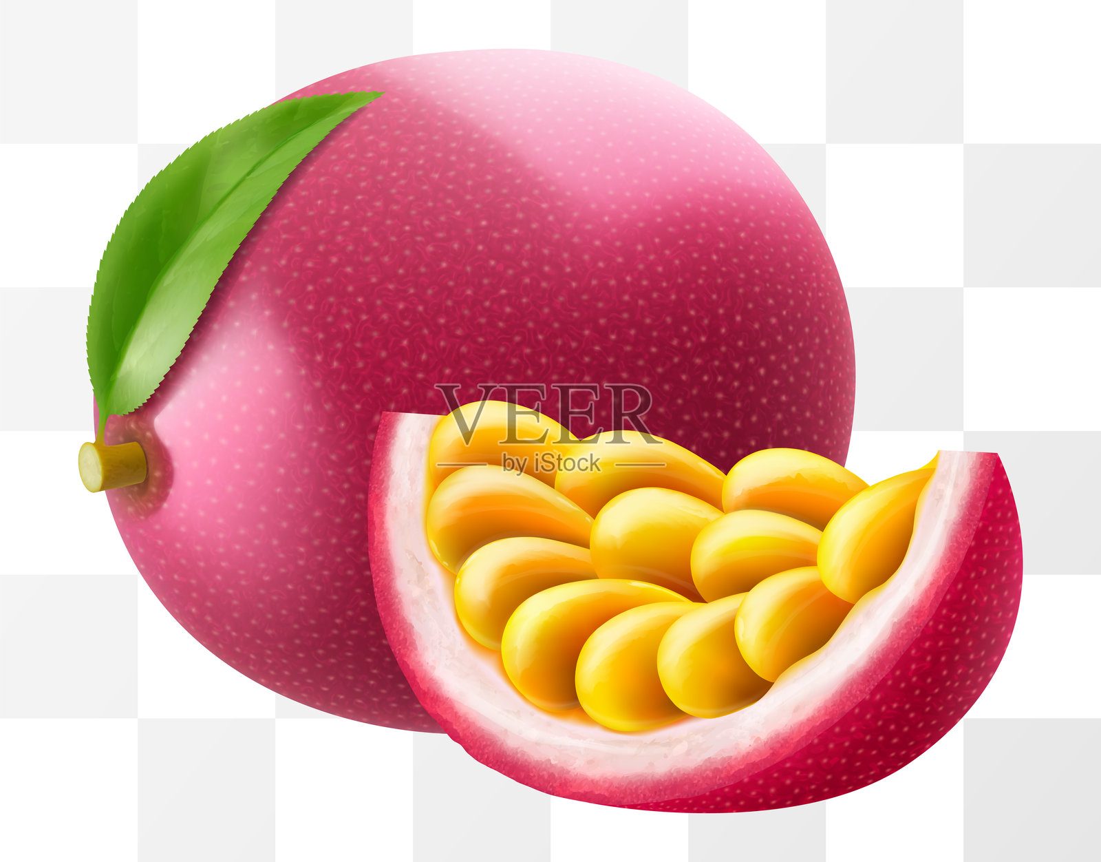 整颗百香果和切片，背景透明。成熟的紫色百香果或西番莲用于包装设计。热带水果的真实3D矢量插图。插画图片素材