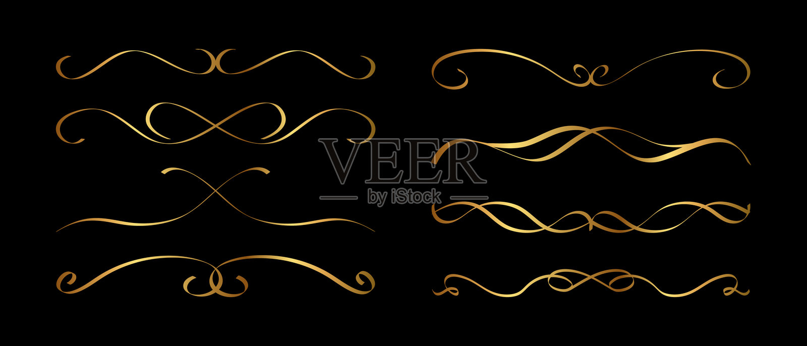 优雅的金色书法分隔线装饰套装，维多利亚风格的花体字设计插画图片素材