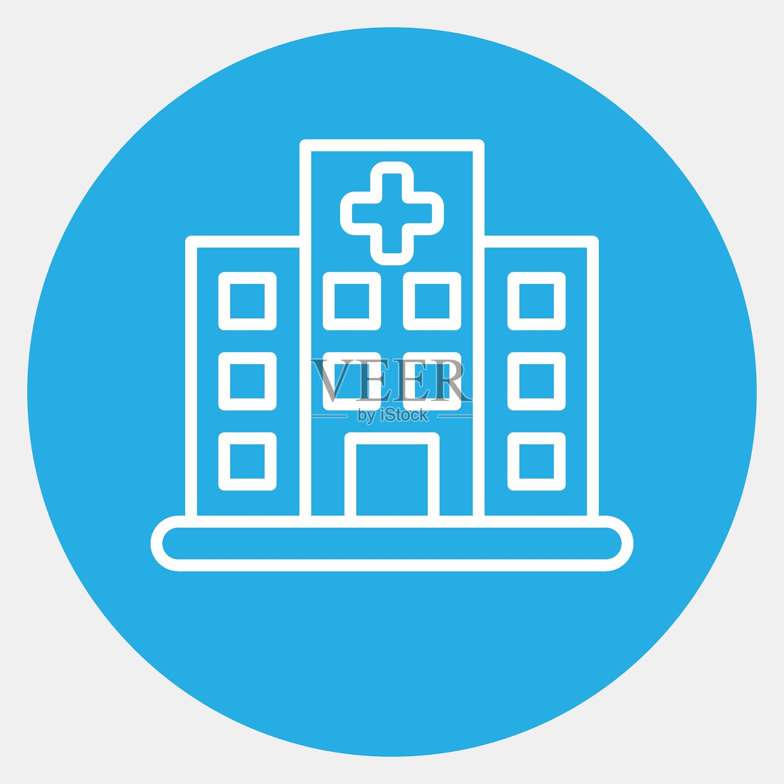 医院图标。建筑元素。蓝色圆形风格的图标。适合用于印刷、网页、海报、标志、网站规划、地图、信息图等。插画图片素材