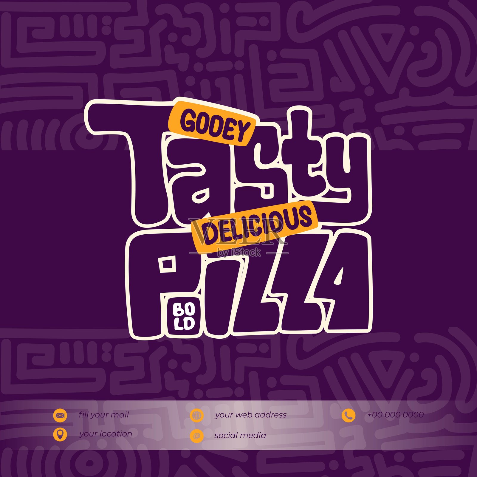 美味披萨的卡通排版，简单的字母叠加概念与民族背景相结合插画图片素材