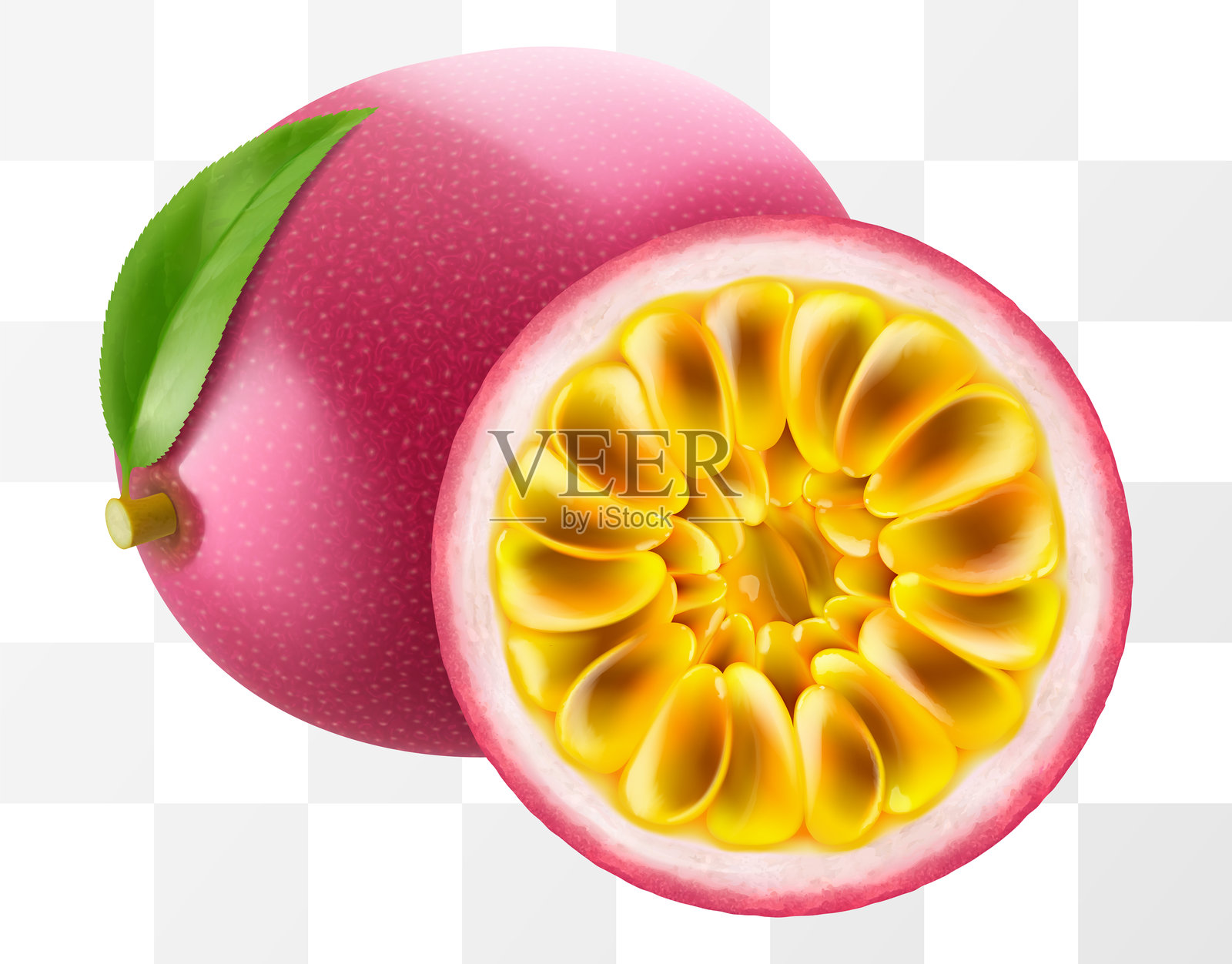 整颗和切半的百香果，背景透明。成熟的紫色百香果或西番莲，适合包装设计。热带水果的真实3D矢量插图。插画图片素材