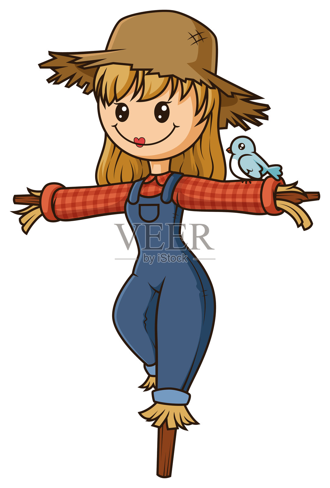 女性稻草人肩膀上停着一只鸟的卡通插图插画图片素材