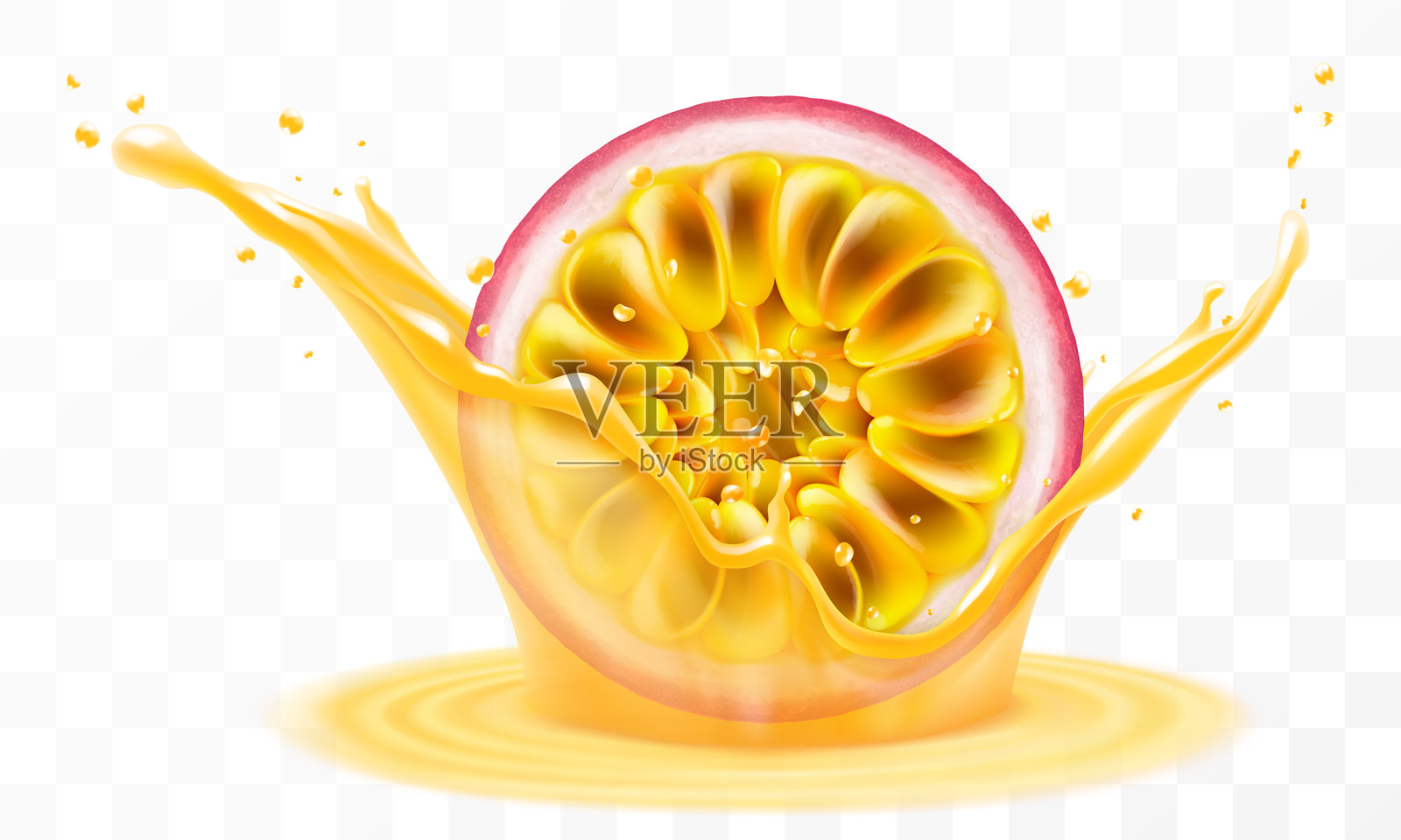 热带异域的百香果在果汁或冰沙的飞溅中掉落，维生素鸡尾酒的飞溅，成熟的紫色百香果的果汁飞溅。逼真的3D矢量插图。插画图片素材