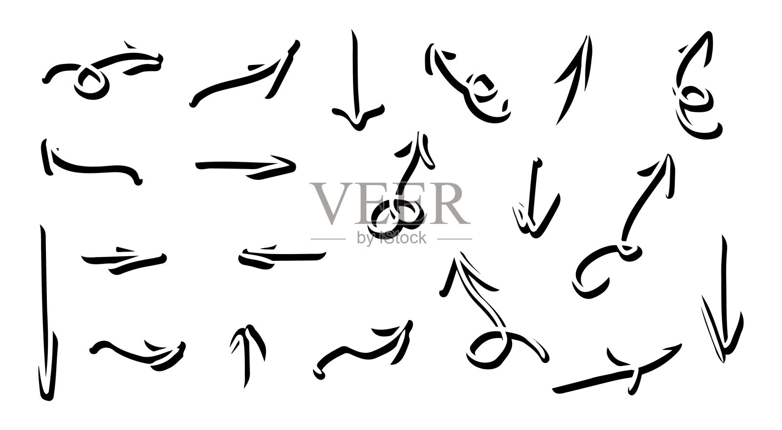 一组手绘的曲线立体黑色箭头，孤立在白色背景上。方向、导航、指示、运动的概念。设计元素和符号。涂鸦风格的集合。插画图片素材