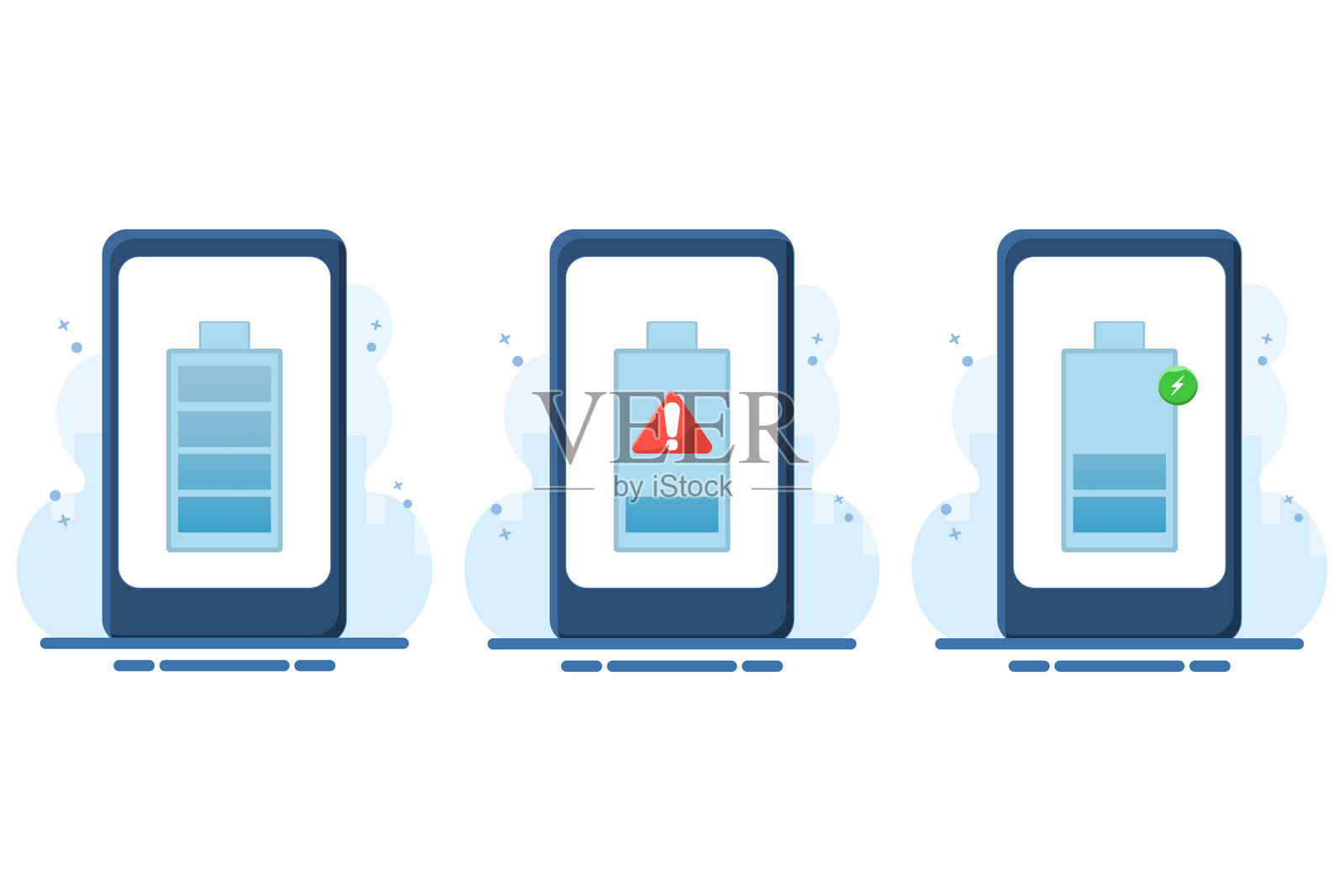 智能手机电池能量水平指示概念，低电量，电池充电，充满电的电池，扁平矢量插图背景。插画图片素材
