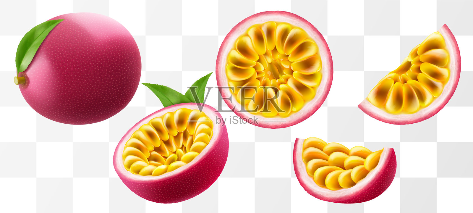 百香果。整果、半个和切片，孤立在透明背景上。成熟的百香果或西番莲果的包装设计套件。热带水果的真实3D矢量插图。插画图片素材