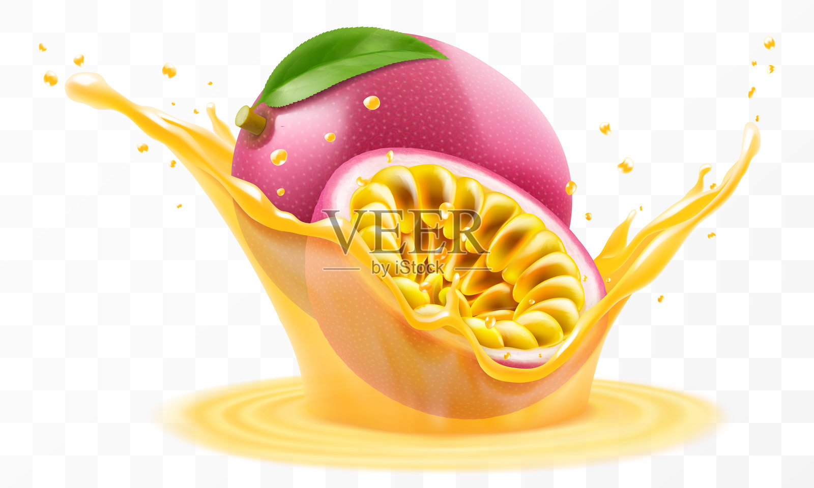 热带异域的百香果在果汁或冰沙的飞溅中掉落，维生素鸡尾酒的飞溅，成熟的紫色百香果的果汁飞溅。逼真的3D矢量插图。插画图片素材