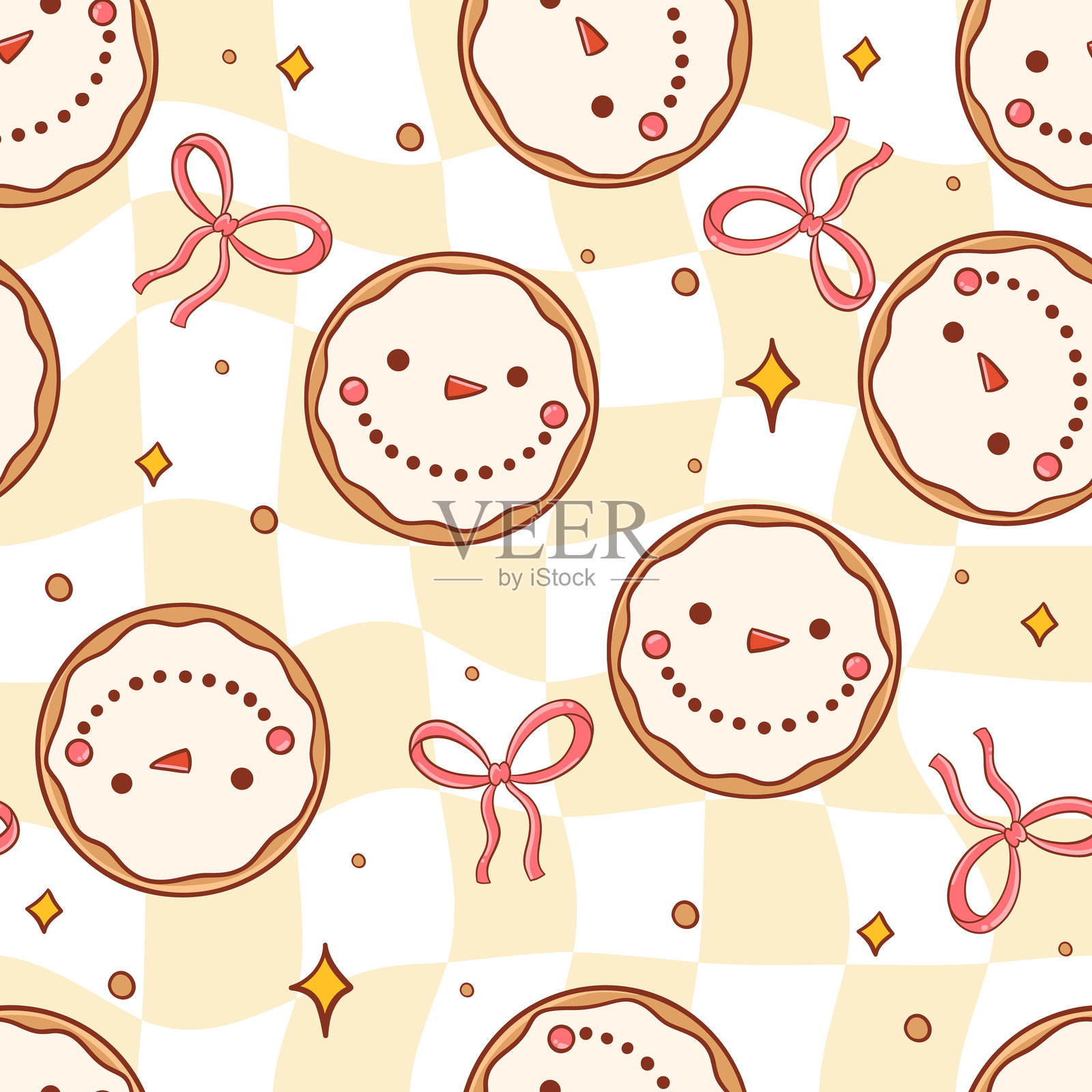 雪人姜饼饼干与粉色蝴蝶结棋盘图案插画图片素材