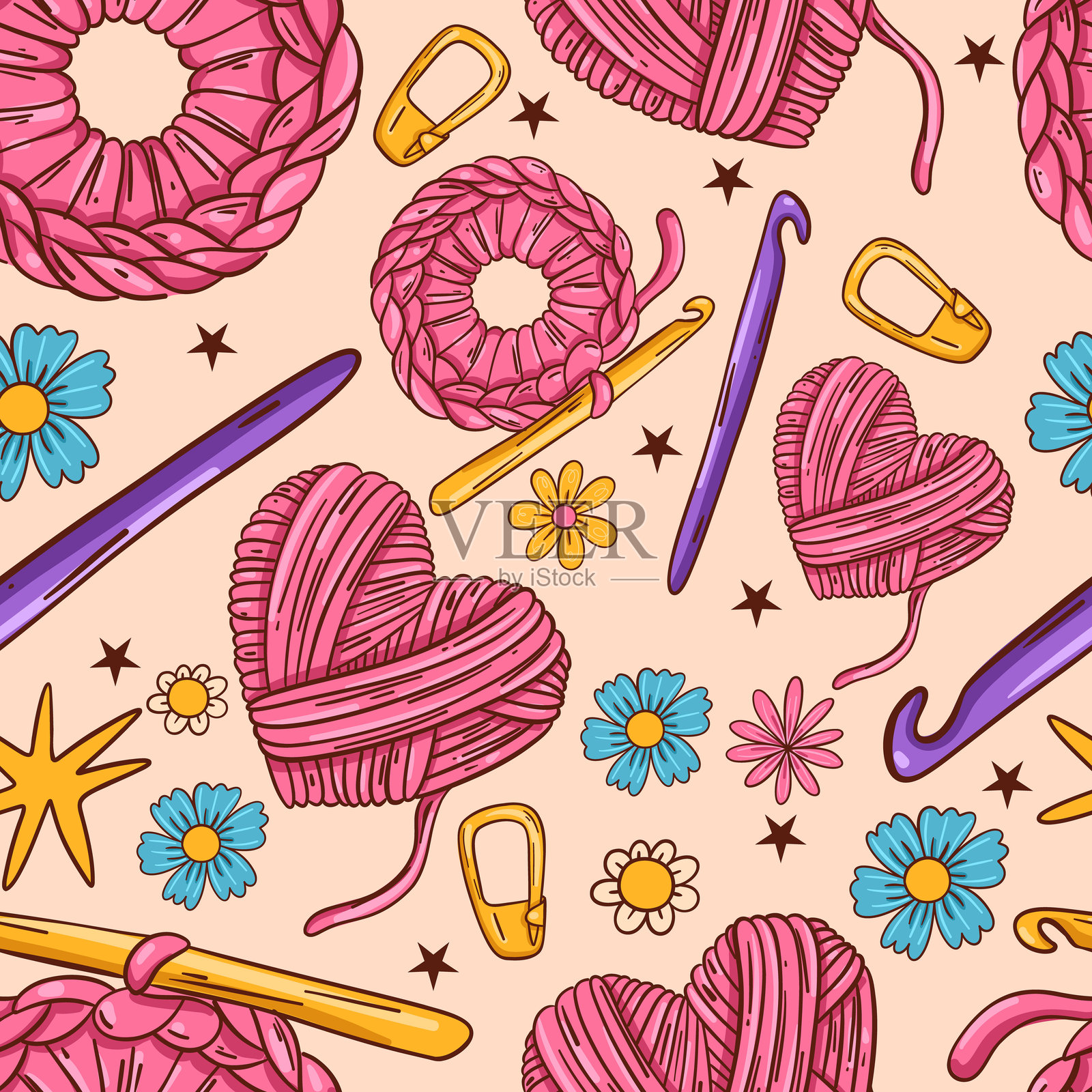 无缝编织图案，包含毛线心形和花朵插画图片素材